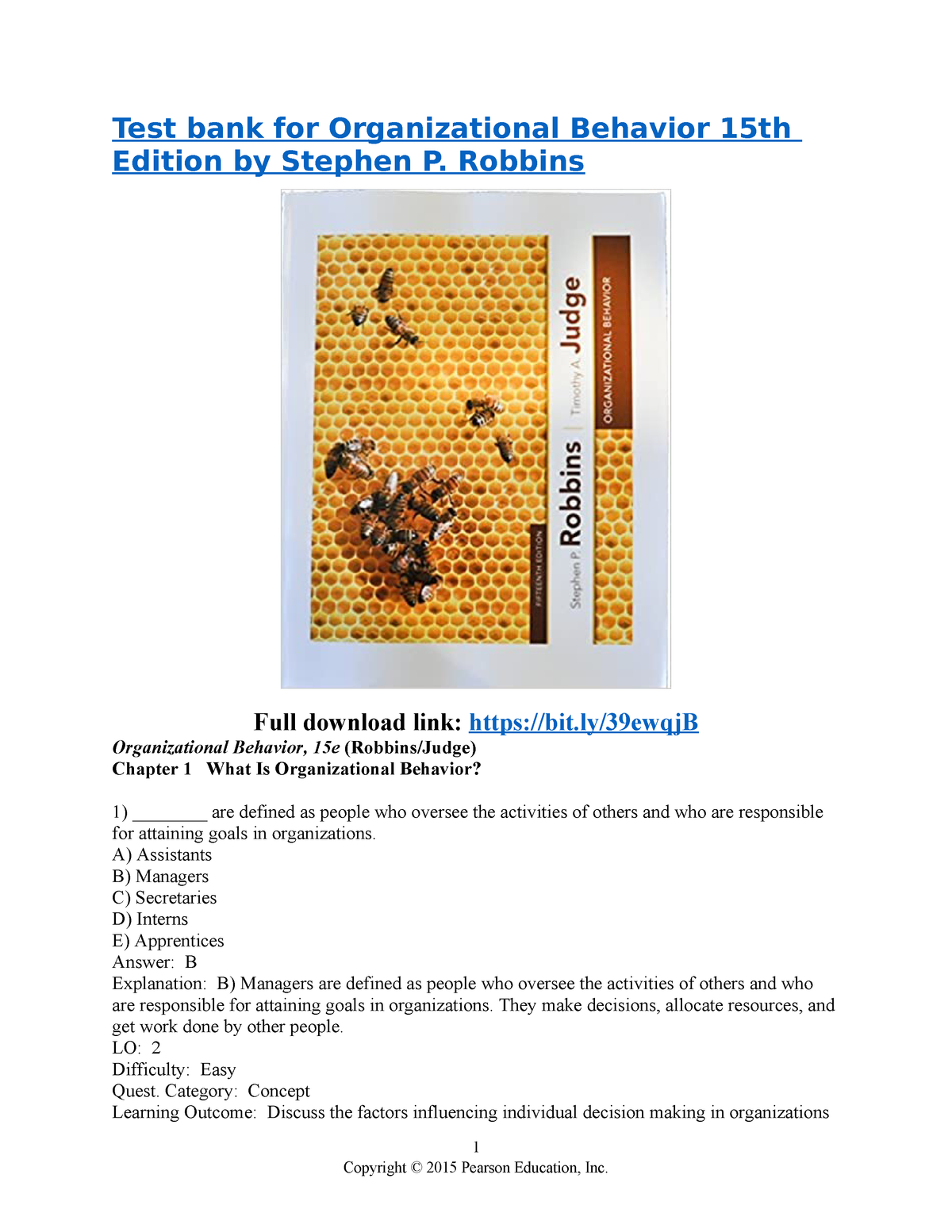 Test bank for Organizational Behavior 15th Edition by Stephen P. Robbins StuDocu