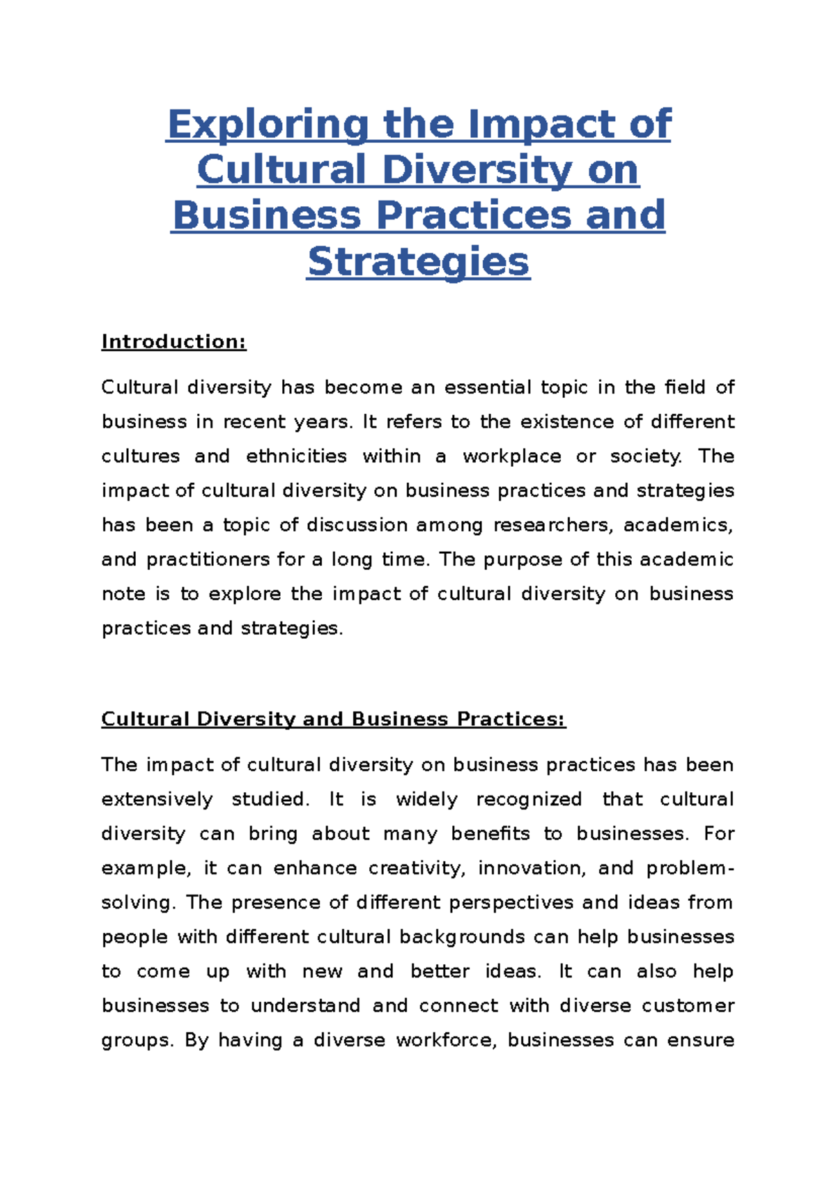 Exploring the Impact of Cultural Diversity on Business Practices and ...
