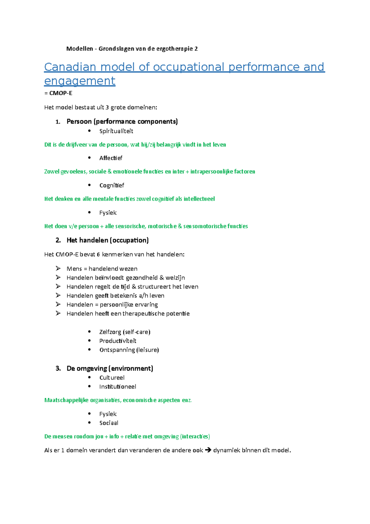 Samenvatting Ergotherapeutische Modellen - Modellen - Grondslagen Van ...