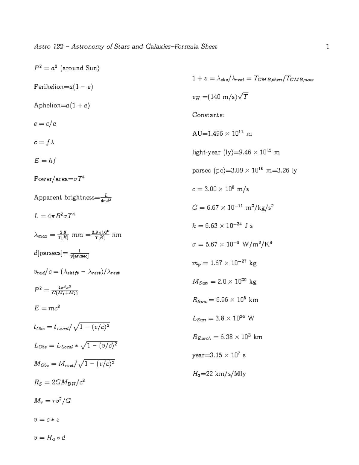 Formula Sheet 2021 - Astro 122 – Astronomy Of Stars And Galaxies 