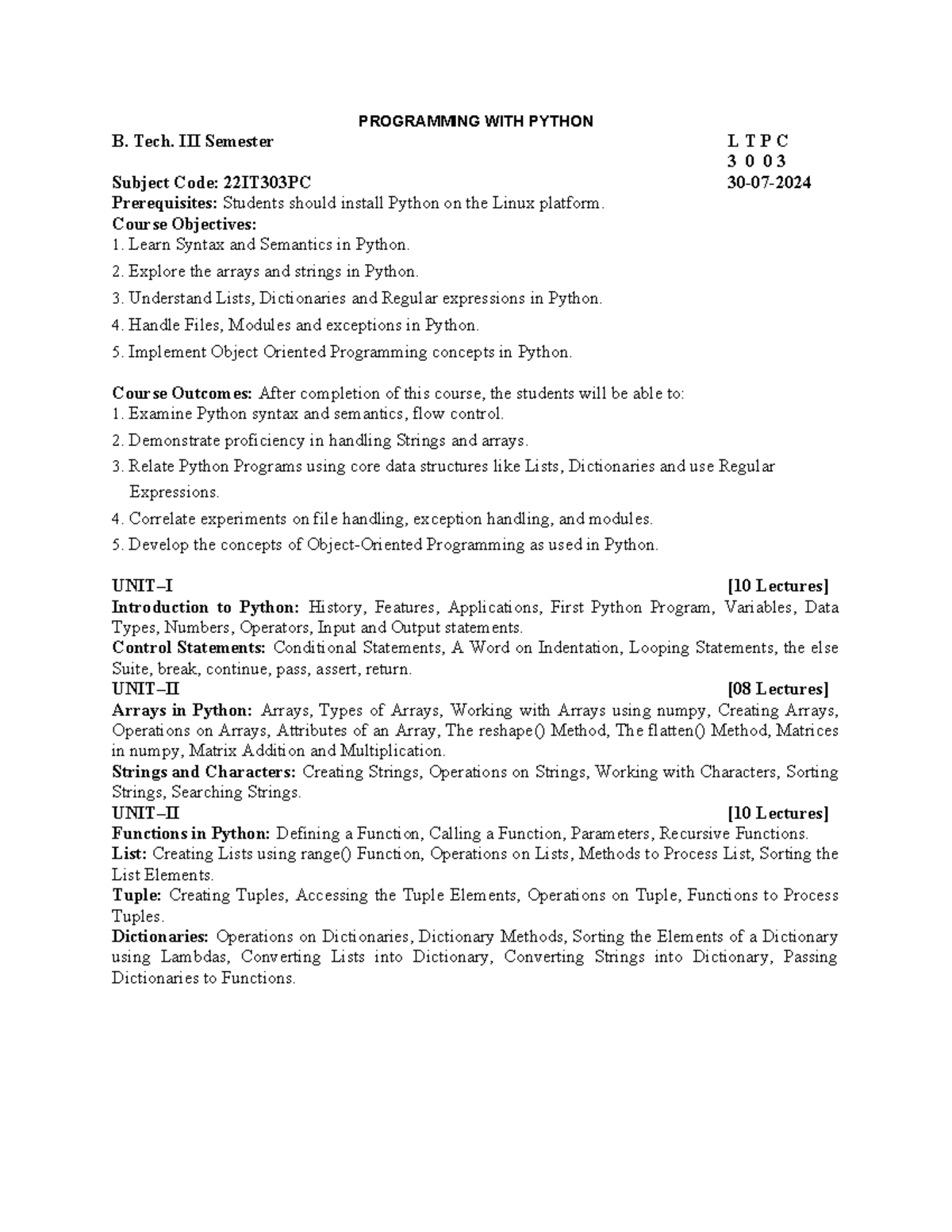 Programming WITH Python - PROGRAMMING WITH PYTHON B. Tech. III Semester ...