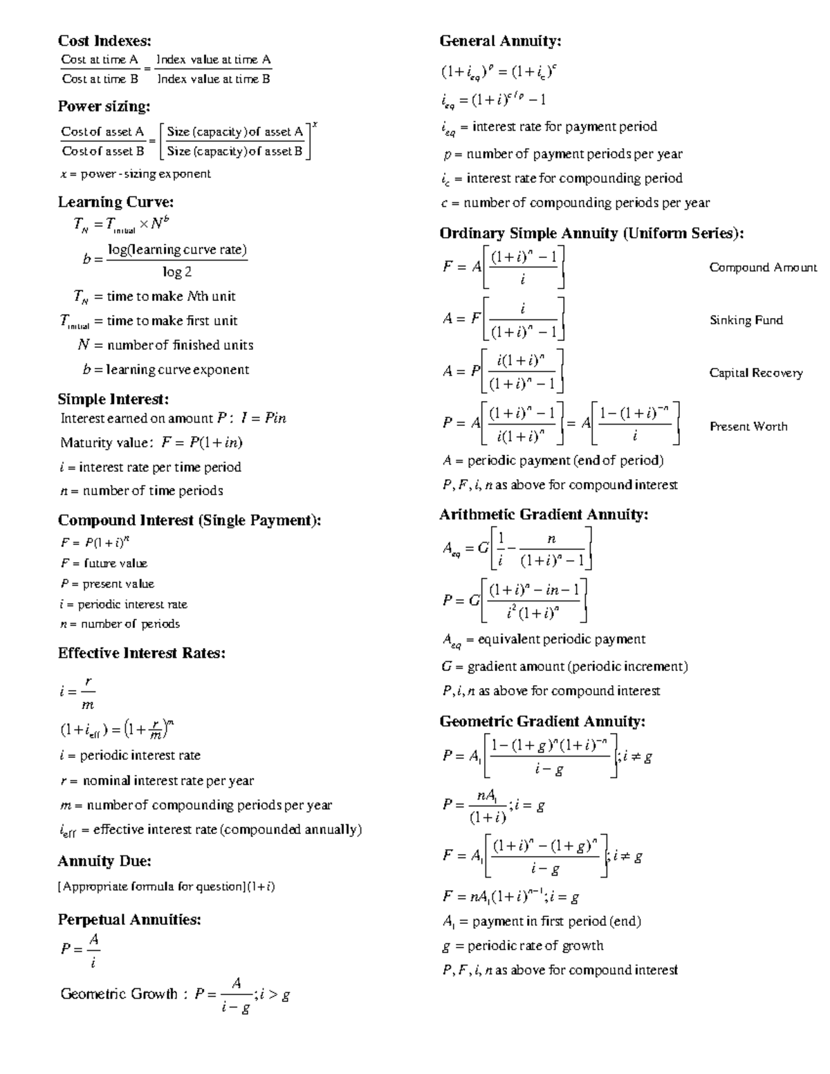 Engineering Economics Formula Sheet Studocu