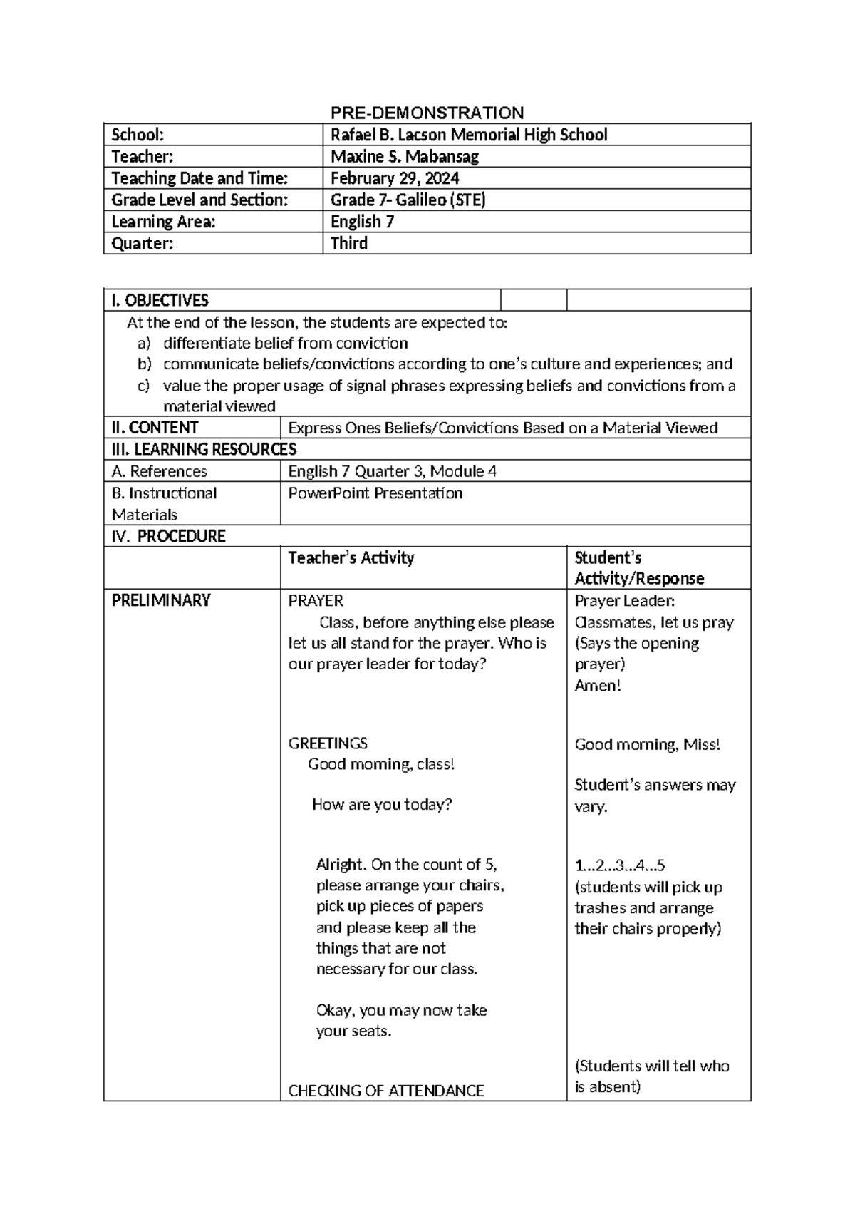 Pre-Demo-1 - lesson plan - PRE-DEMONSTRATION School: Rafael B. Lacson ...