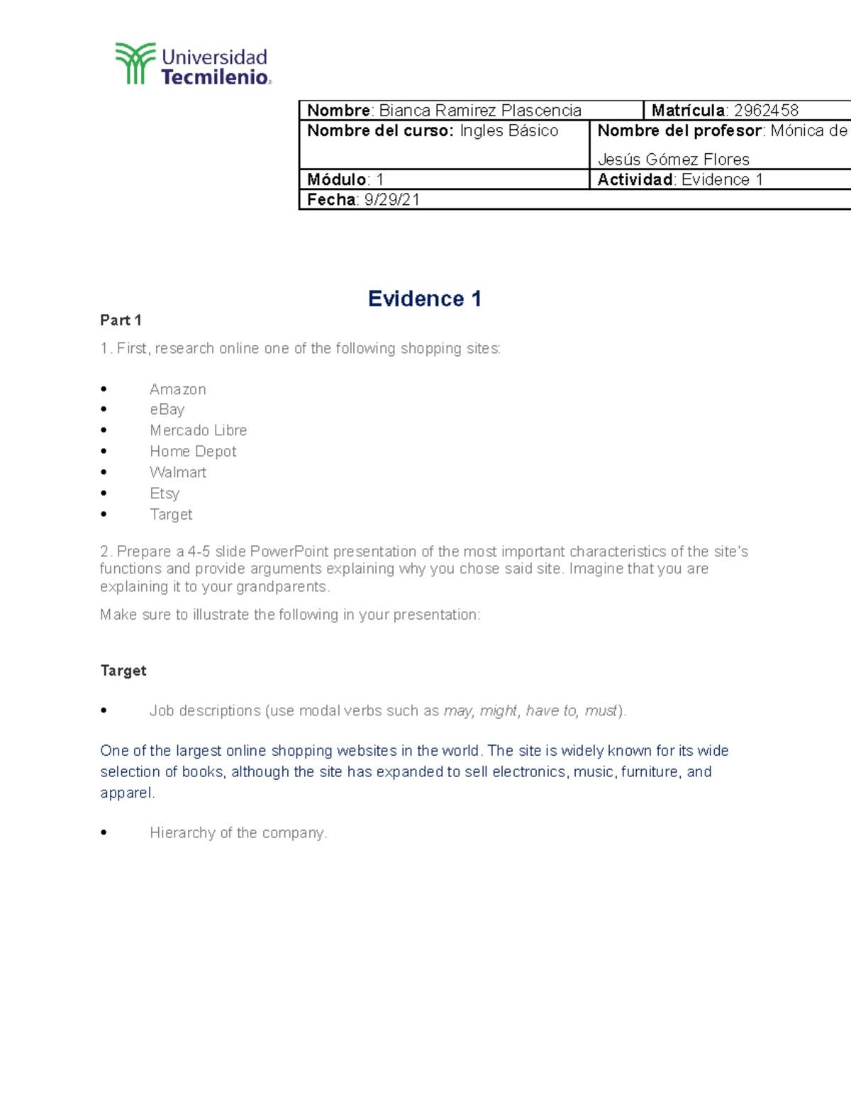 Evidence 1 Trabajo de practica - Ingles basico - TecMilenio - Studocu