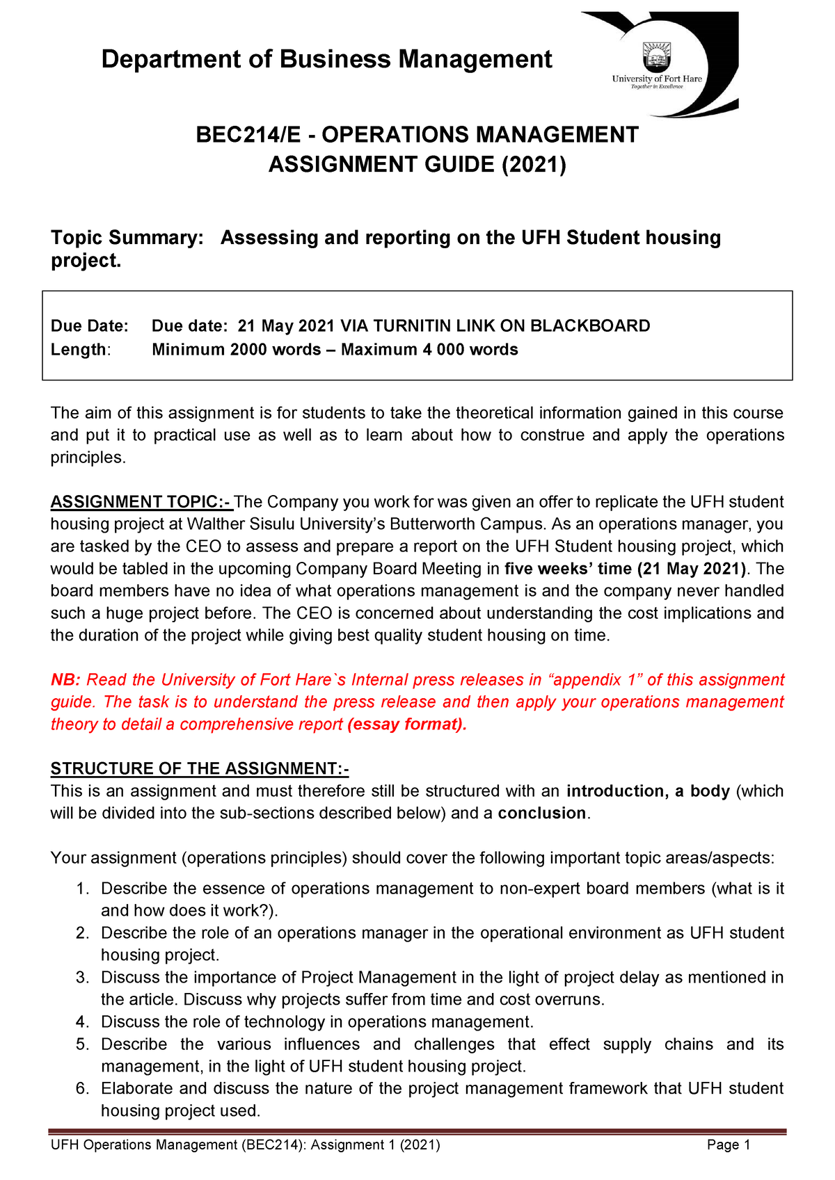 BEC214-Major Assignment Guide - Department Of Business Management ...