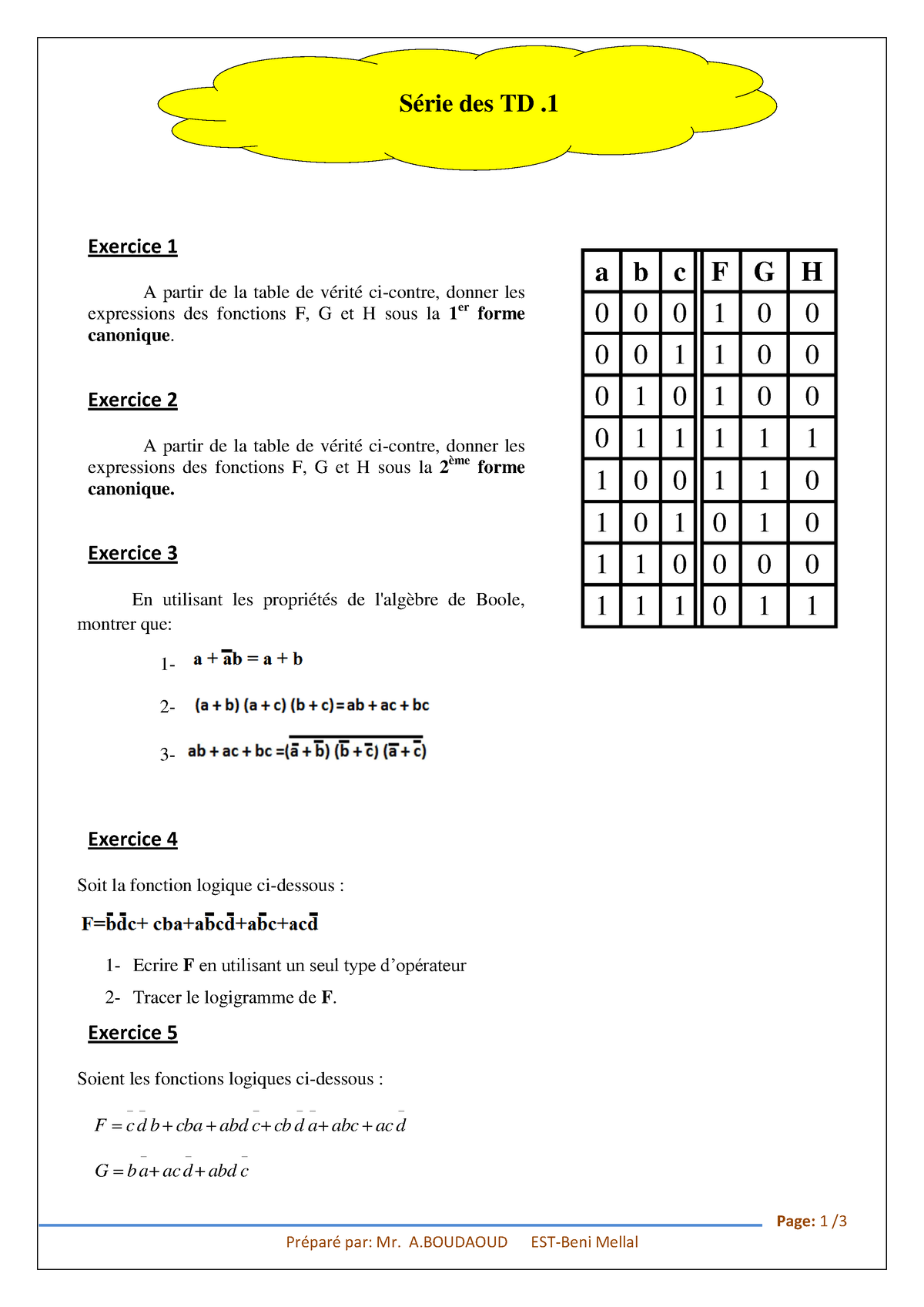 Logique Combinatoire TD1 - Page: 1 / Préparé Par: Mr. A EST-Beni Mellal ...