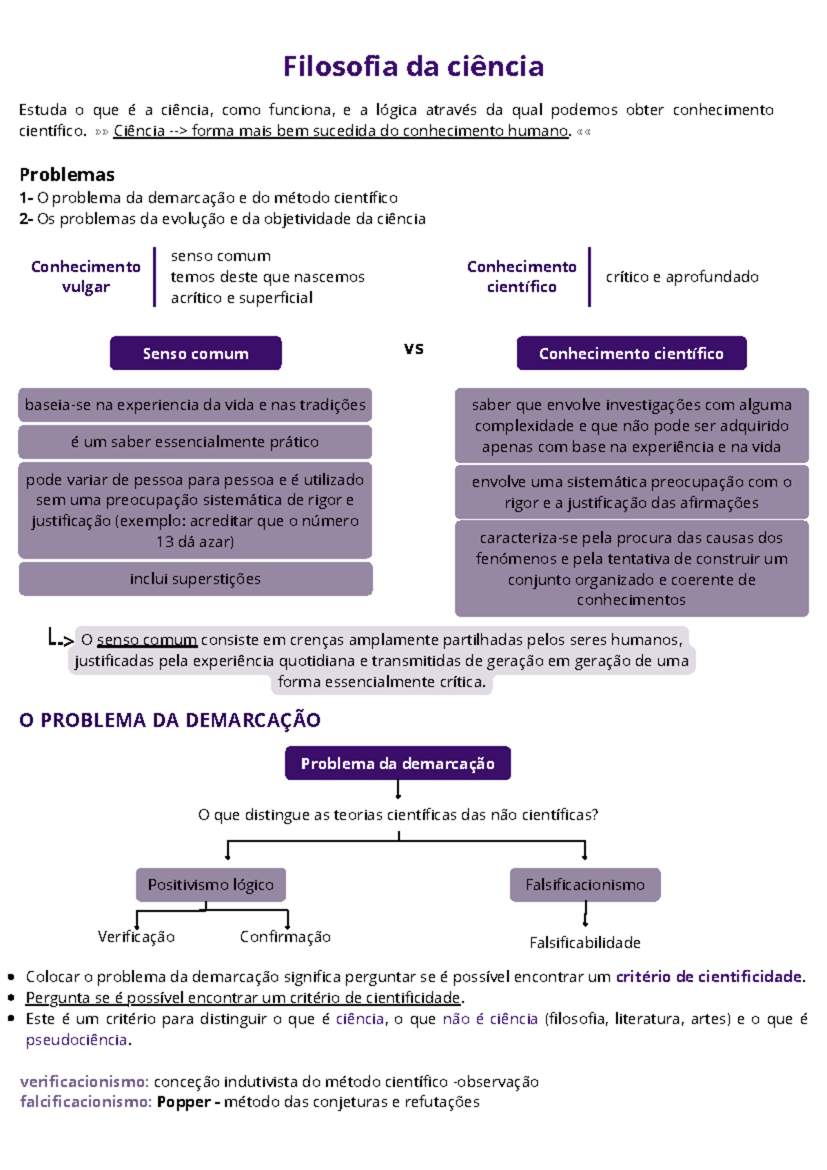 Resumos de filosofia 3 - Senso comum Conhecimento científico baseia-se ...