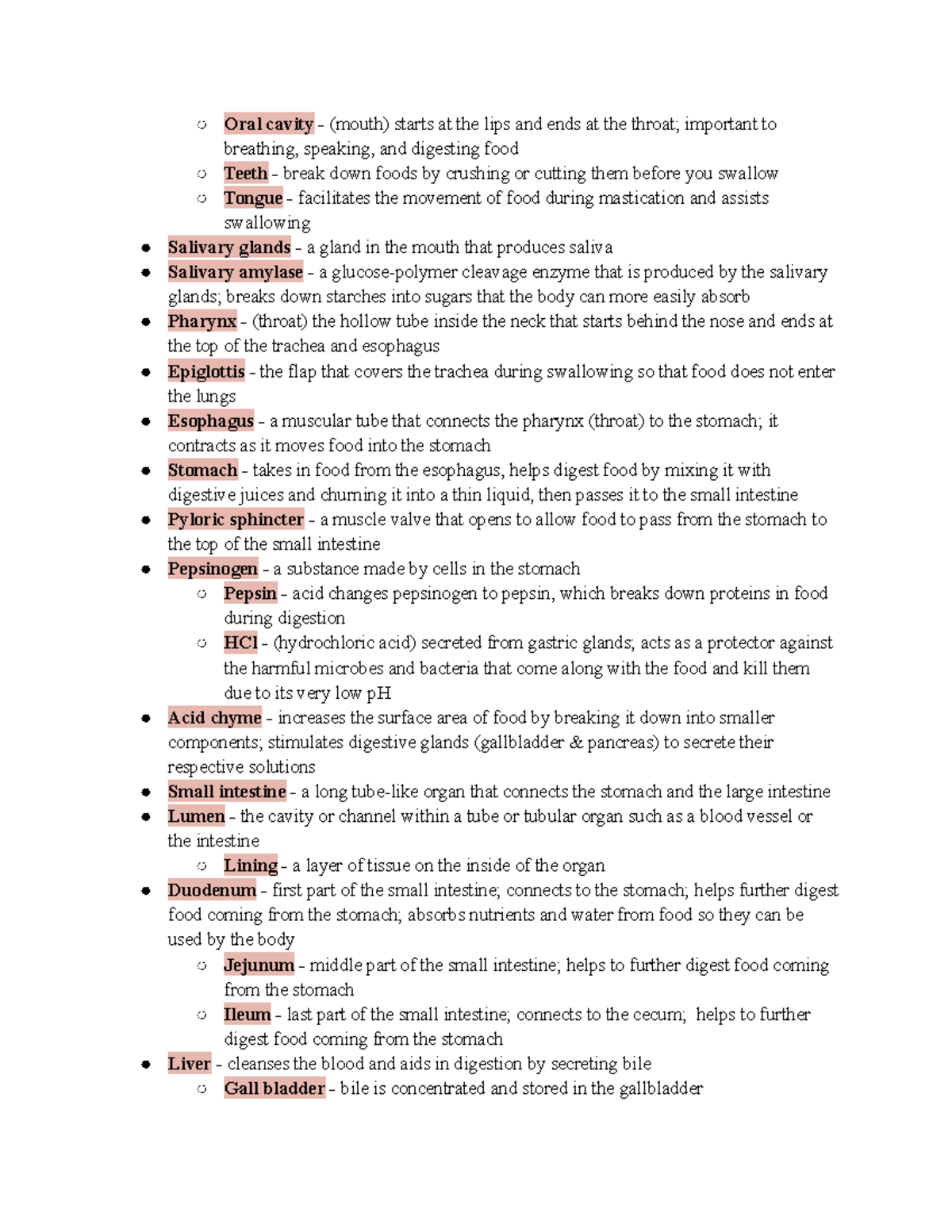 BIOL 112 Animal Nutrition Terms (2) Oral cavity (mouth) starts at