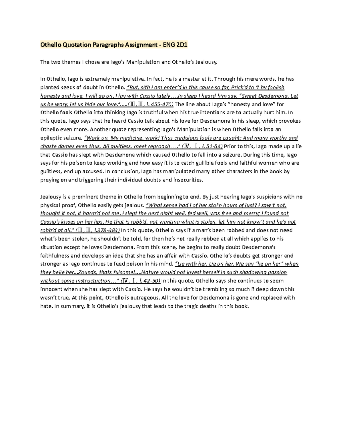 Gr.10 English - Othello quotation paragraphs - Othello Quotation ...