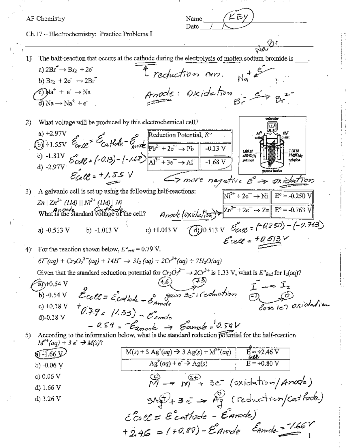 Ch 17 Electrochemistry Practice Problems I - key - Bed science - Studocu