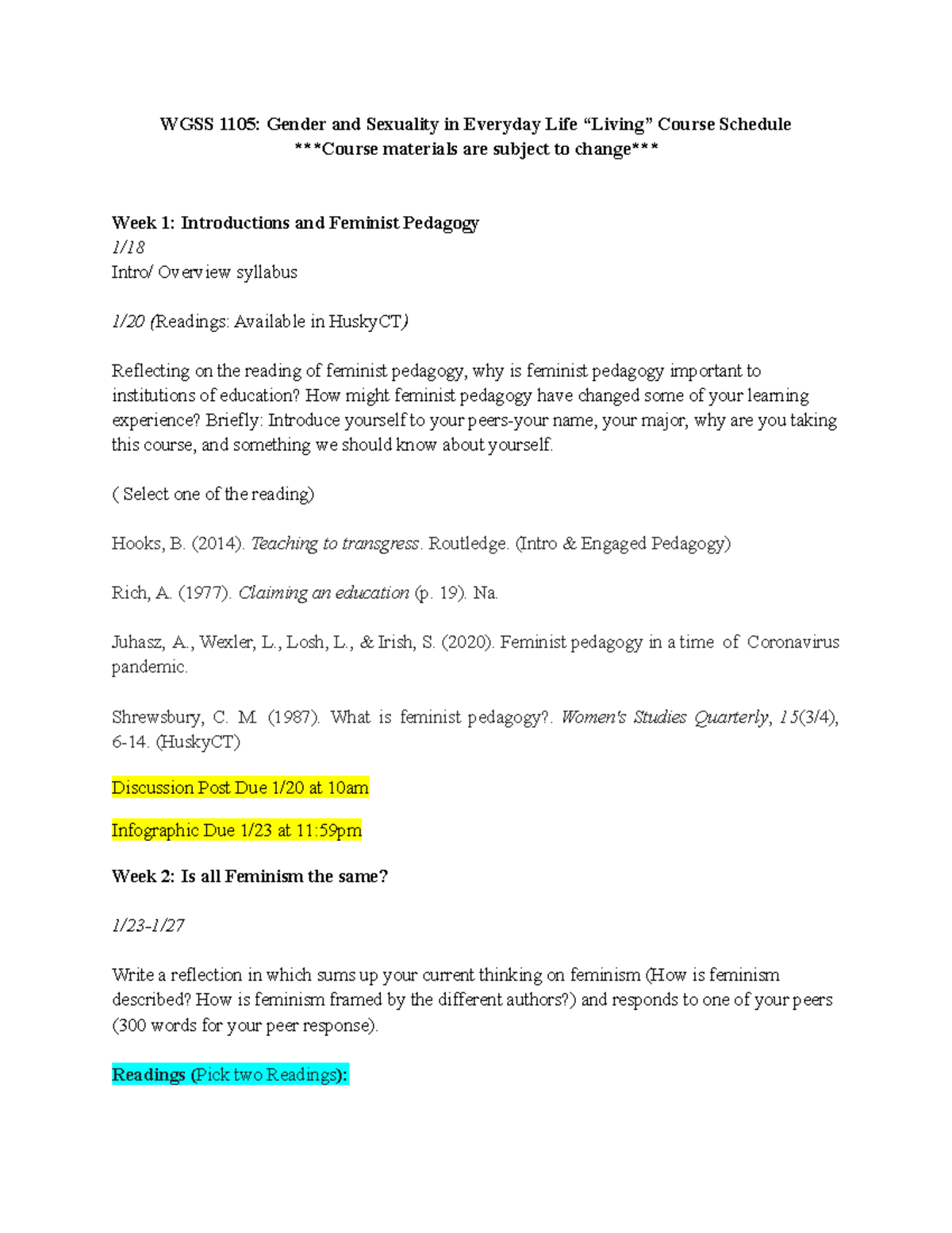 Living Course schedule - WGSS 1105: Gender and Sexuality in Everyday ...
