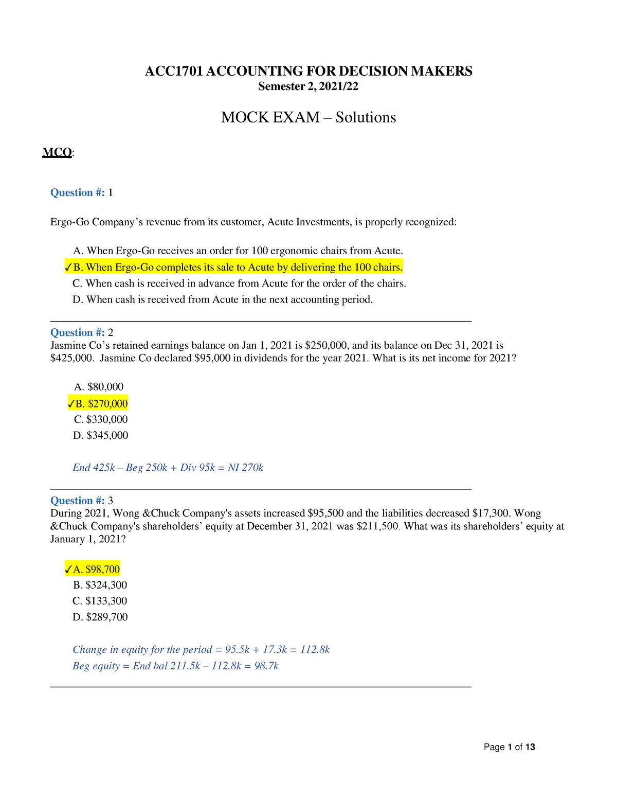 ACC1701 Mock Exam With Solution - MCQ: Question #: 1 ACC1701 ACCOUNTING ...