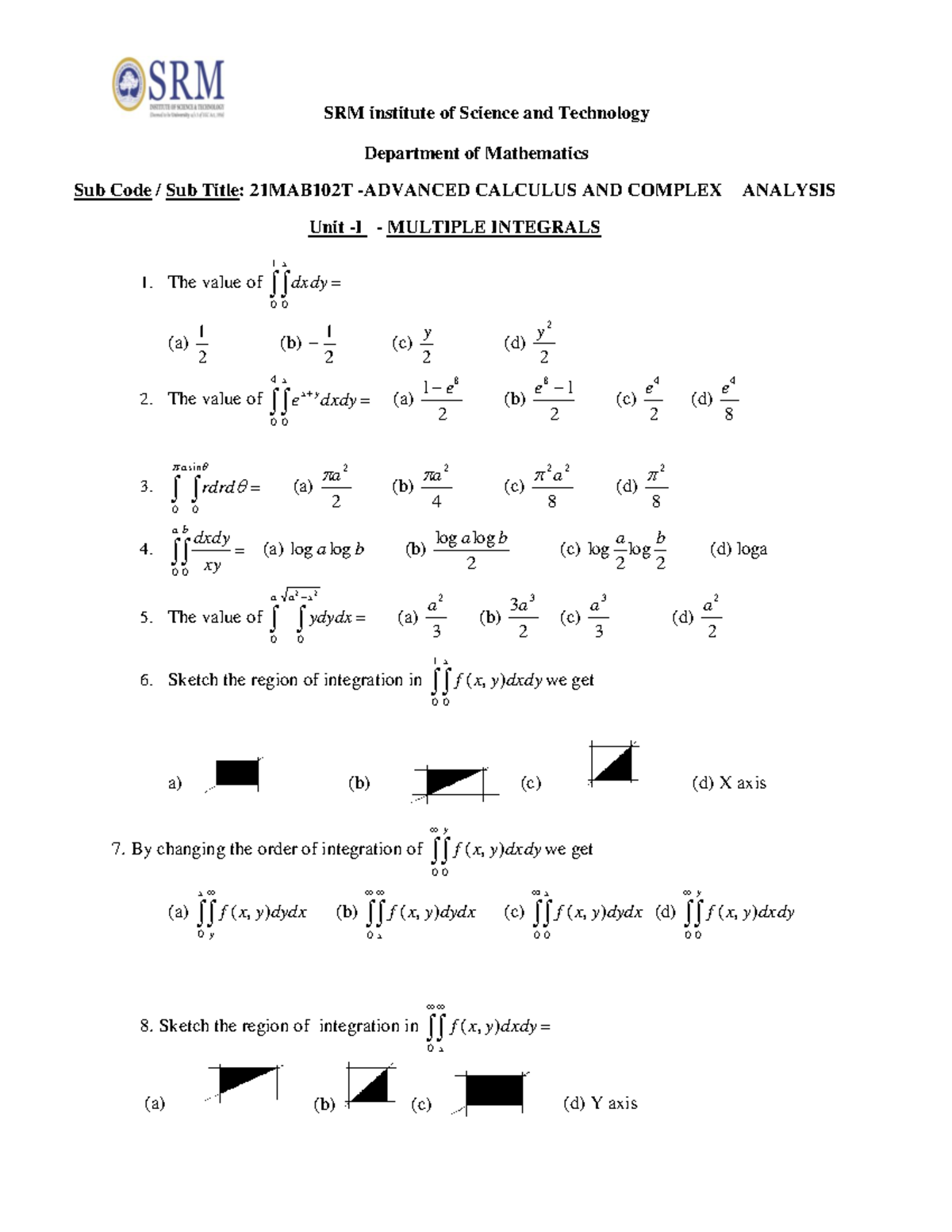 21MAB102T-MCQ - practice material unit 2 and unit 3 - SRM institute of ...