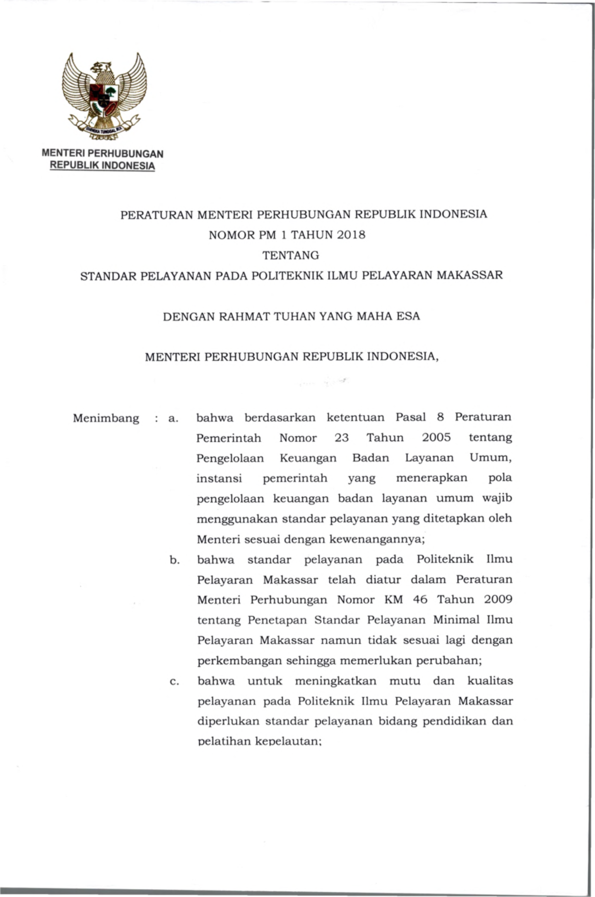 PM 1 Tahun 2018 - Ujian - MENTERI PERHUBUNGAN REPUBLIK INDONESIA P E R ...