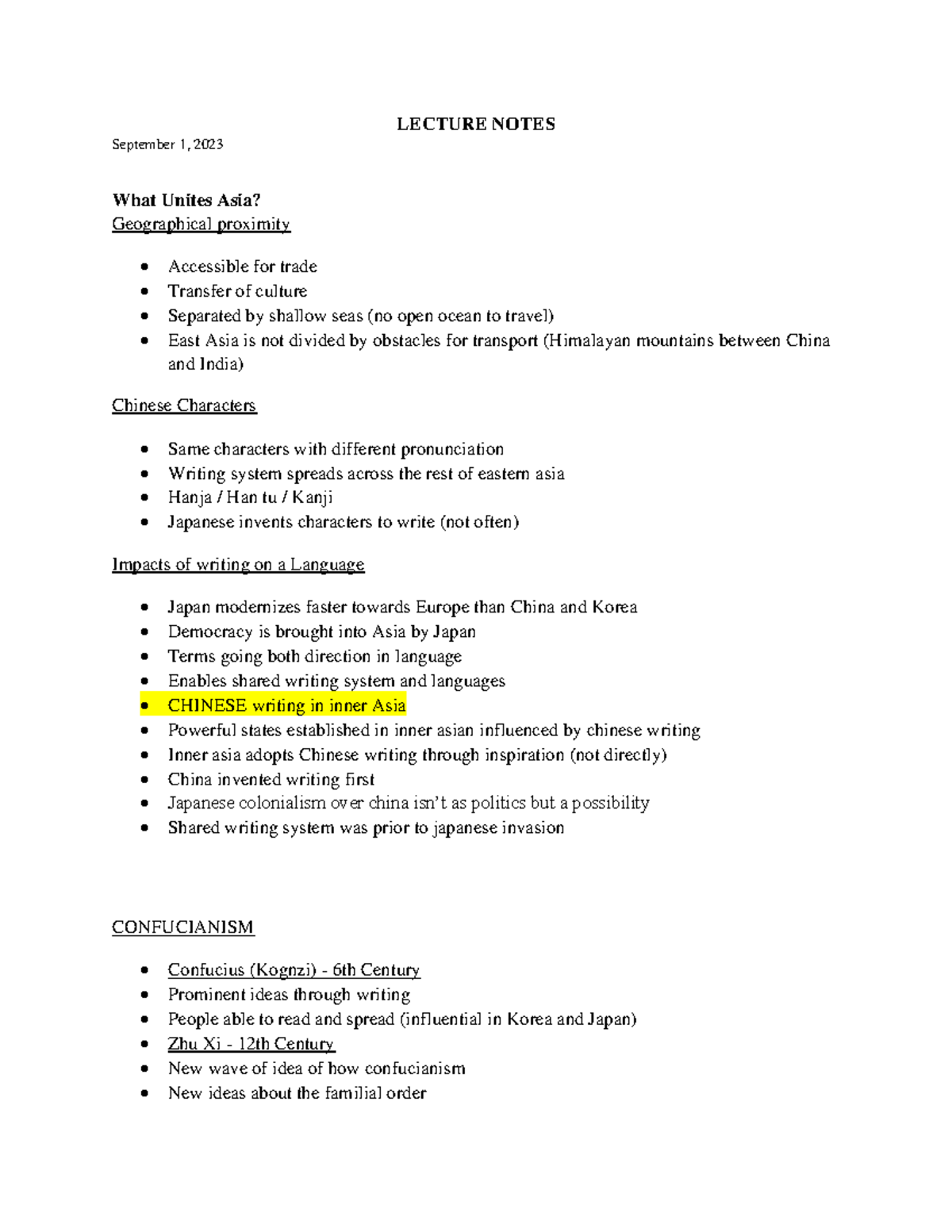 East Asian History Lecture Notes - LECTURE NOTES September 1, 2023 What ...