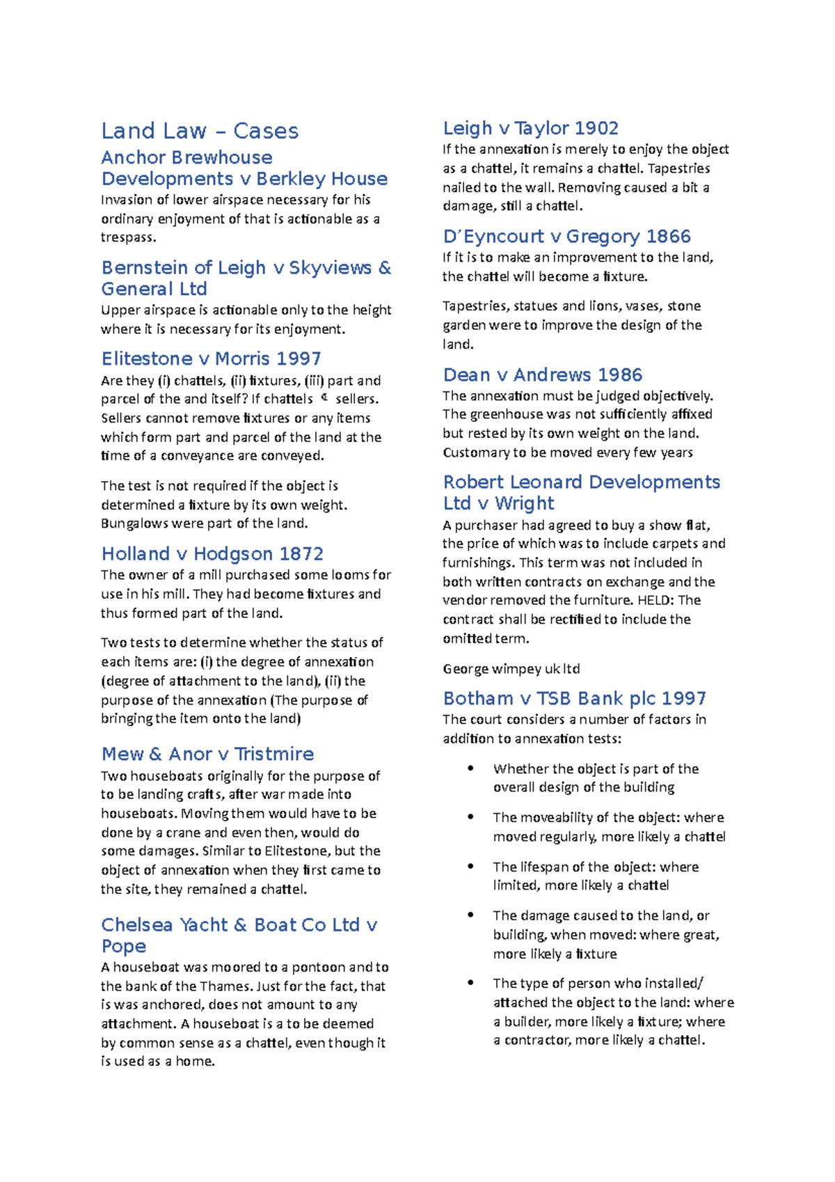 Cases Land Law Case law notes Land Law Cases Anchor Brewhouse