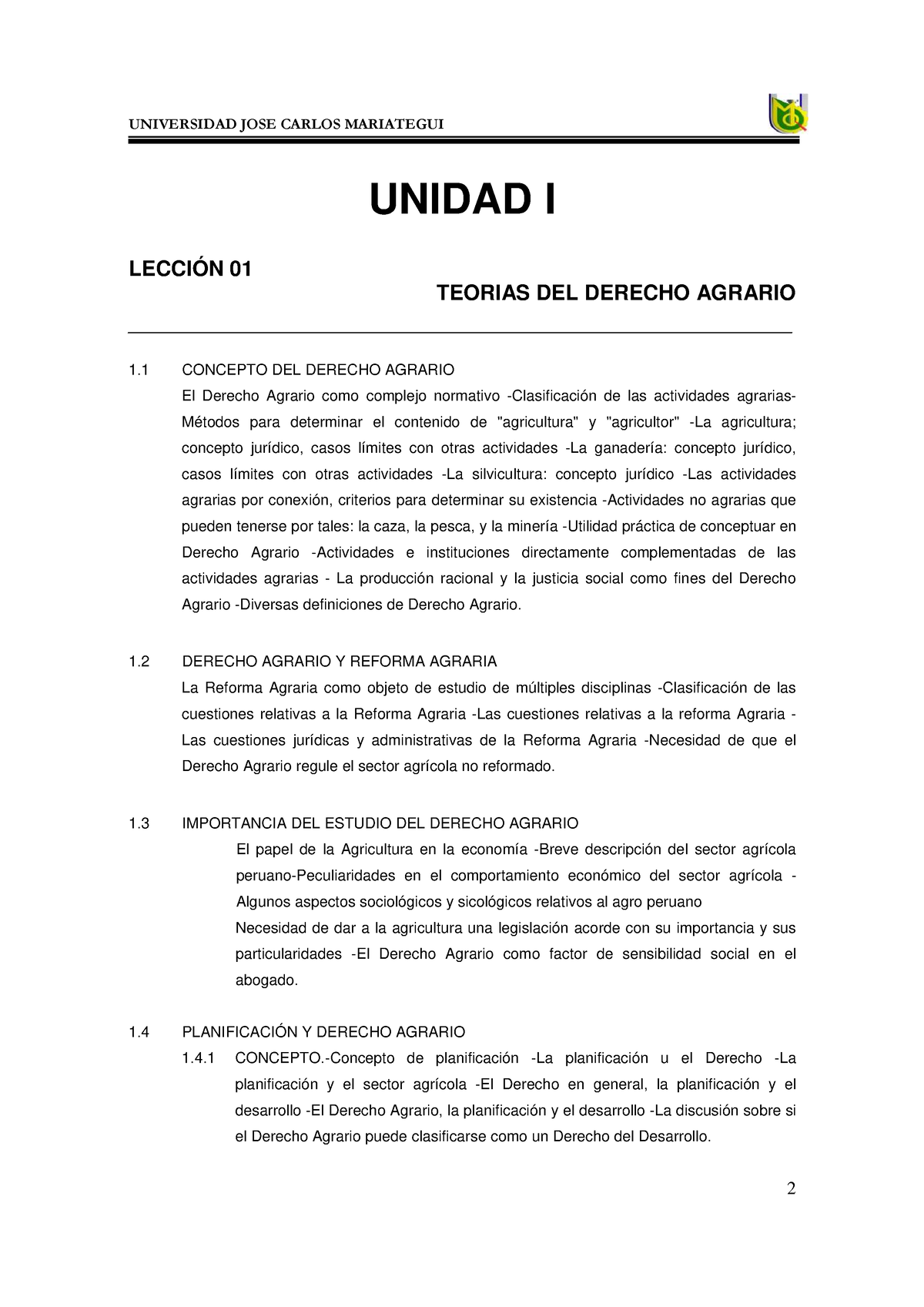 Dere Agrario Aguas Medio Amb-01 - UNIDAD I LECCIÓN 01 TEORIAS DEL ...