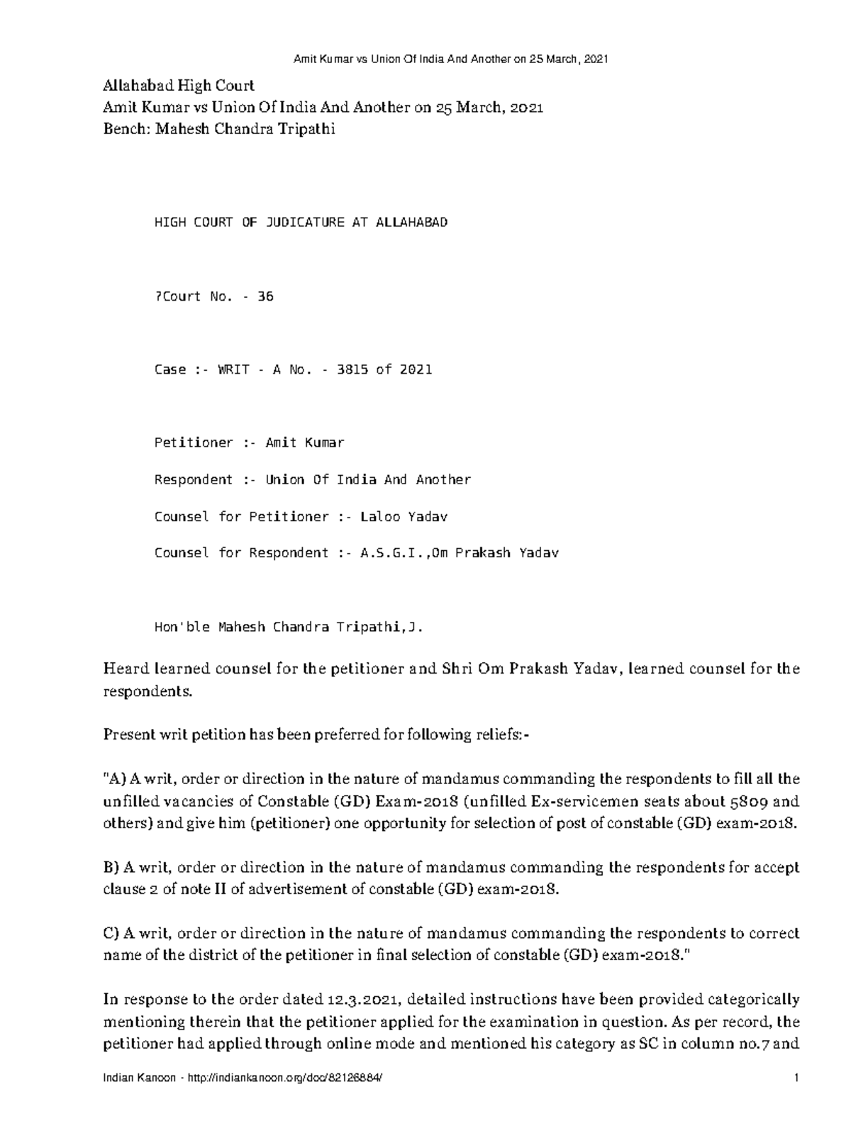 Amit Kumar vs Union Of India And Another on 25 March 2021 Allahabad