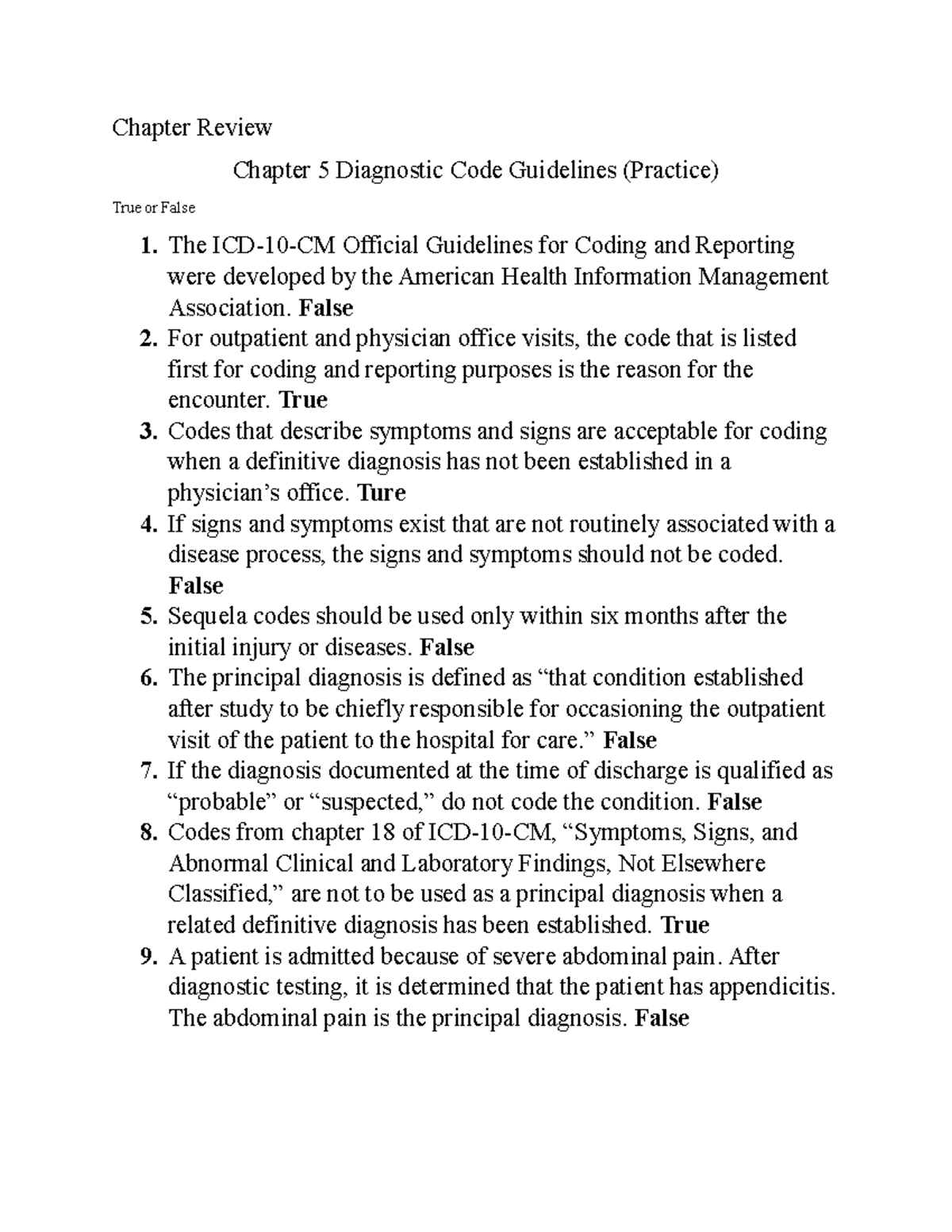 Week 1 Chapter 5 Diagnositic Code Guidelines Chapter Review - Chapter ...