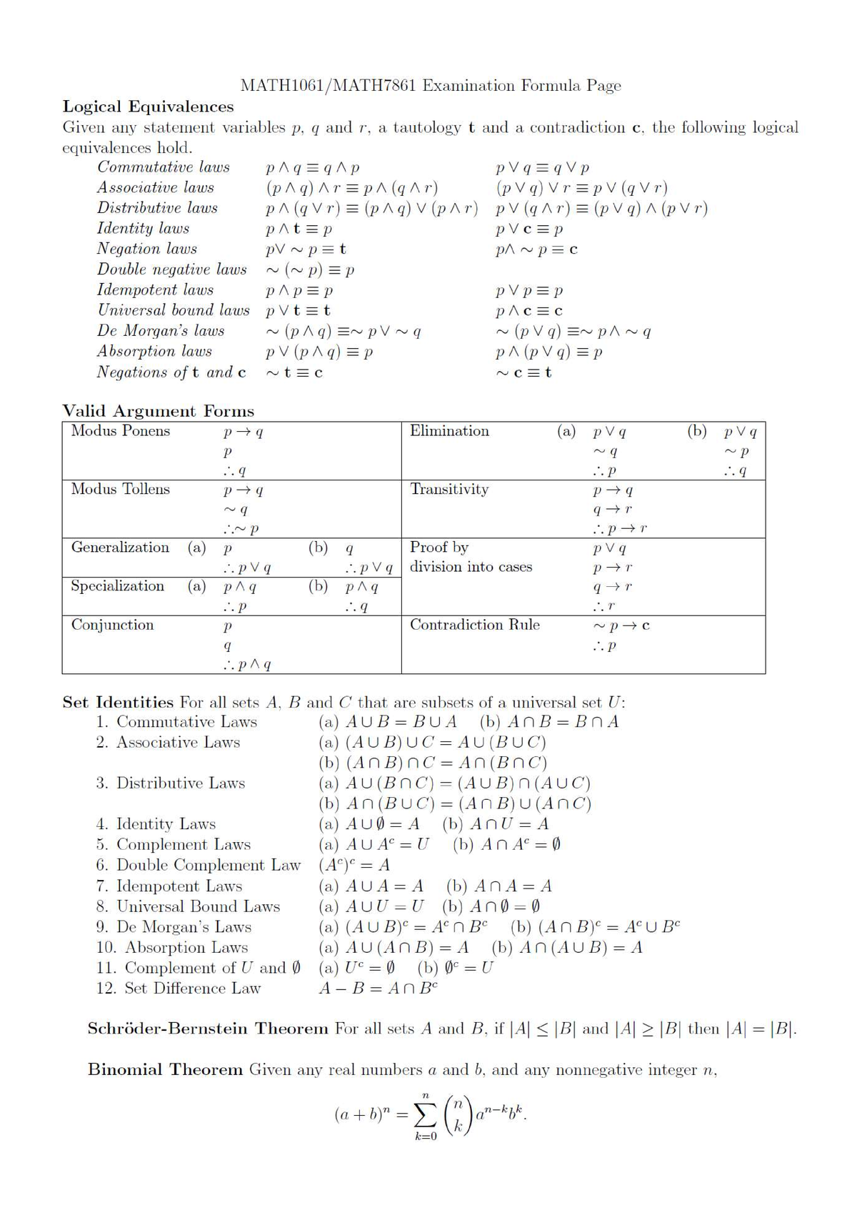 Formula Sheet - MATH1061 - Studocu