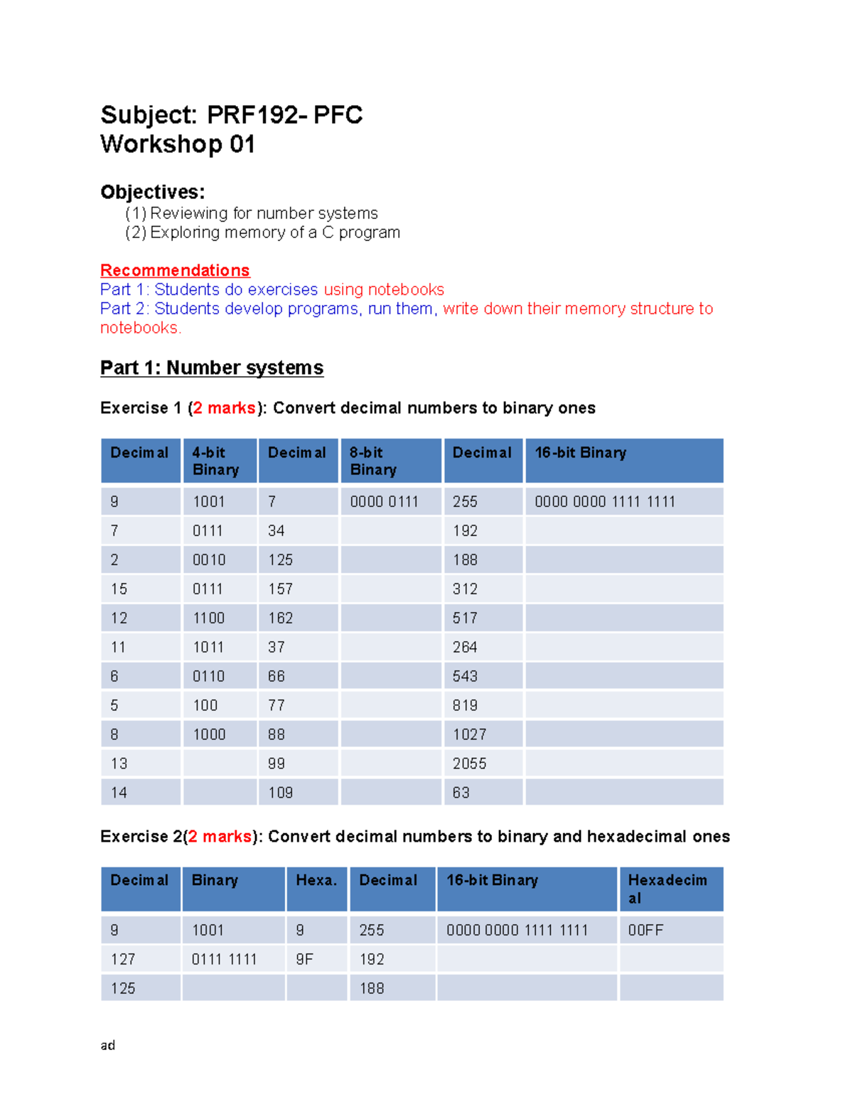 Workshop 01 - help me - Subject: PRF192- PFC Workshop 01 Objectives: (1 ...