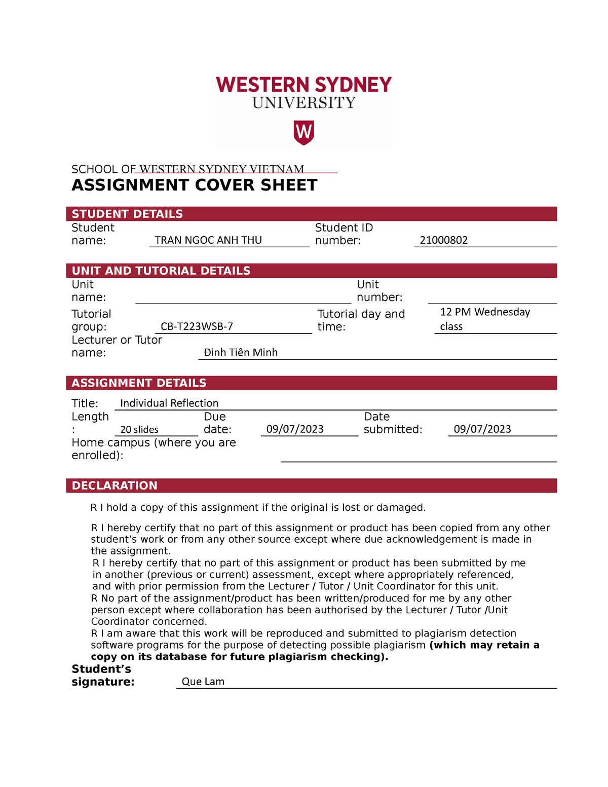 Indi Coversheet - Cover Sheet For You To Submit Your Work. - SCHOOL OF ...