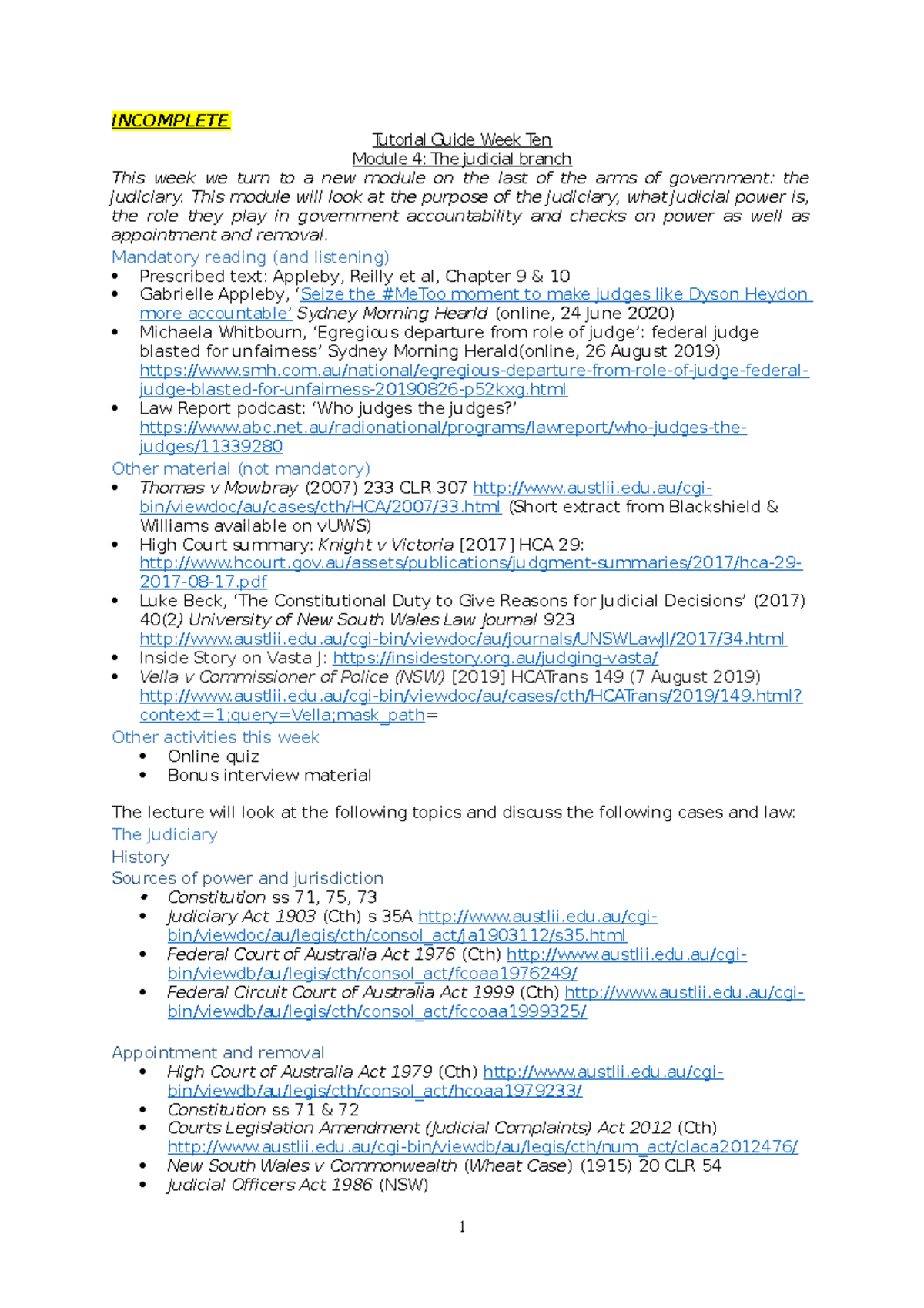Tutorial Guide Week 10 - Lecture notes - INCOMPLETE Tutorial Guide Week ...