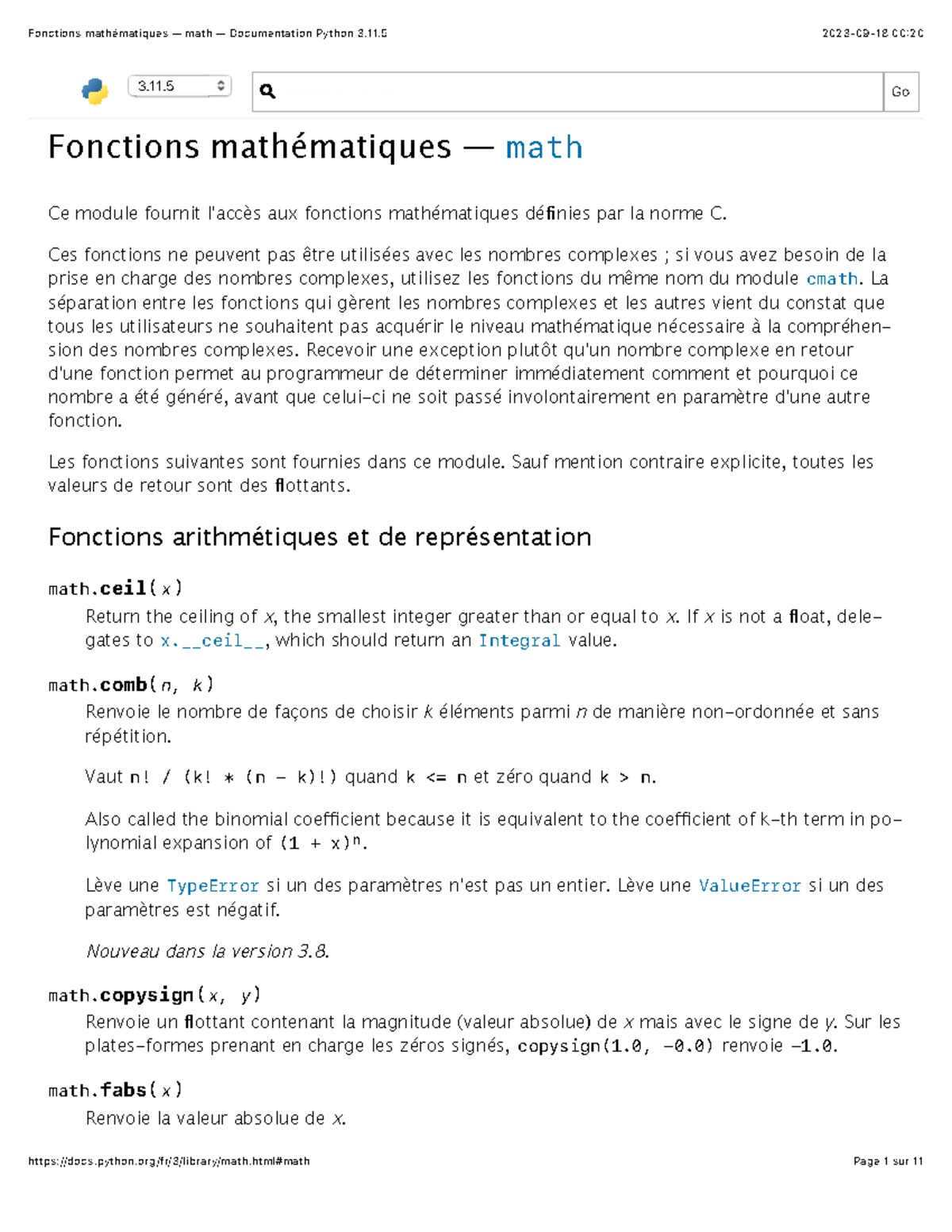Fonctions mathématiques — math — Documentation Python 3 - Fonctions ...