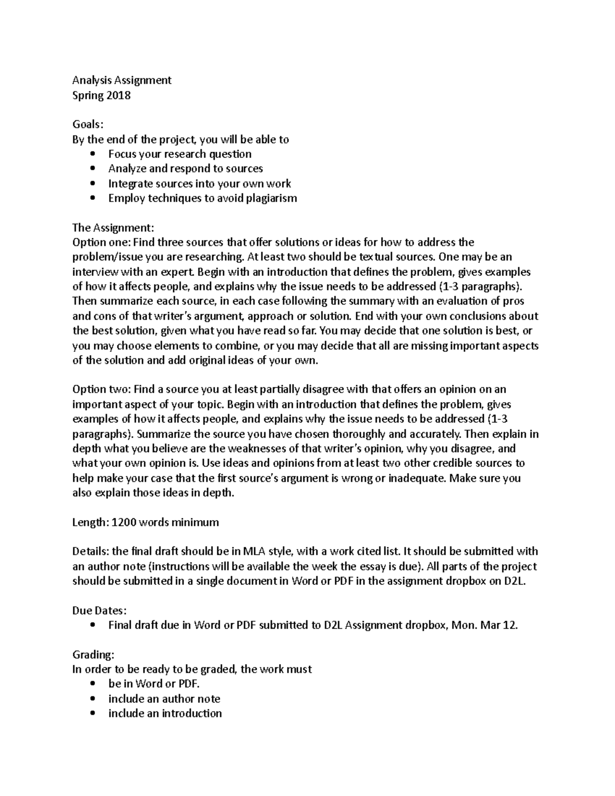 1102 Analysis Assignment options hybrid thurs sp 2018 - Analysis ...