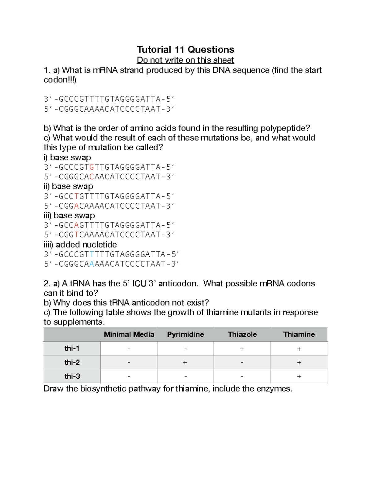 Tutorial 11 Questions - Covers Codons, Enzymes, and Phenotypes ...
