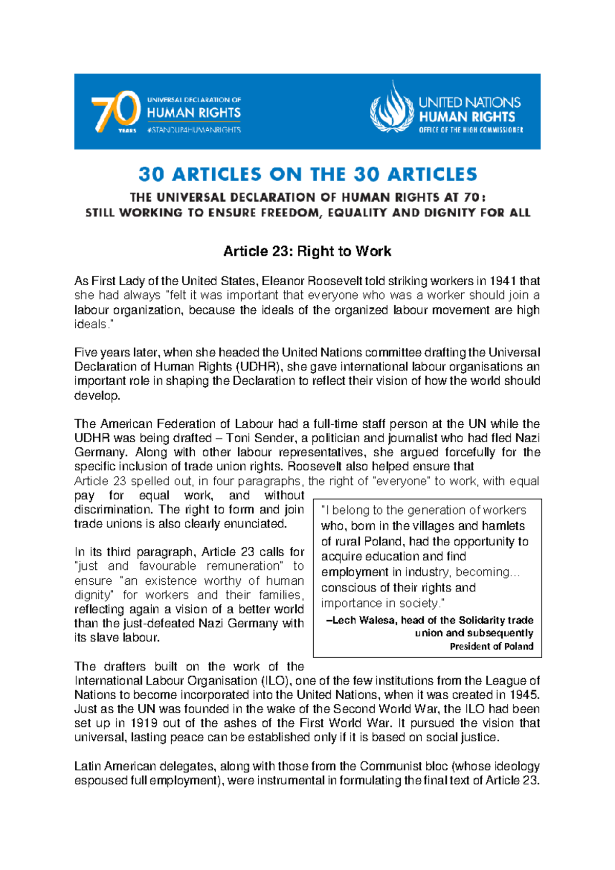 UDHR70 30on30 article 23 eng - Article 23: Right to Work As First Lady ...
