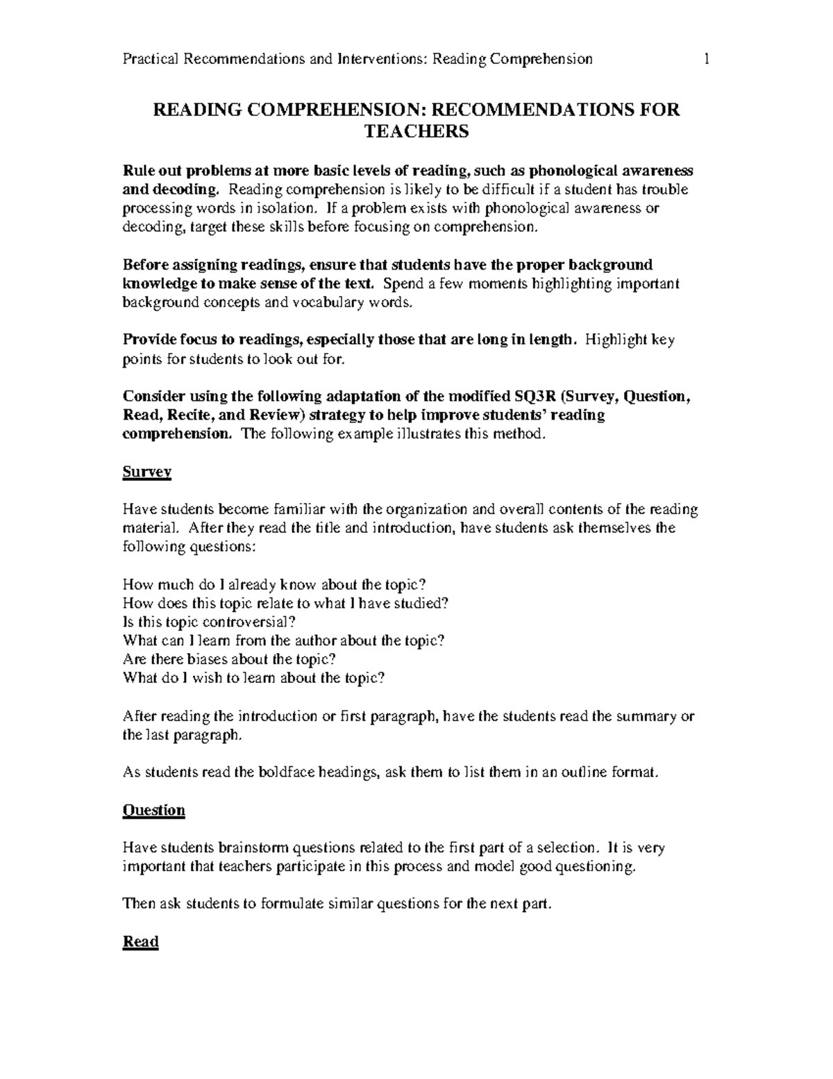 Reading Comprehension - Reading comprehension is likely to be difficult ...