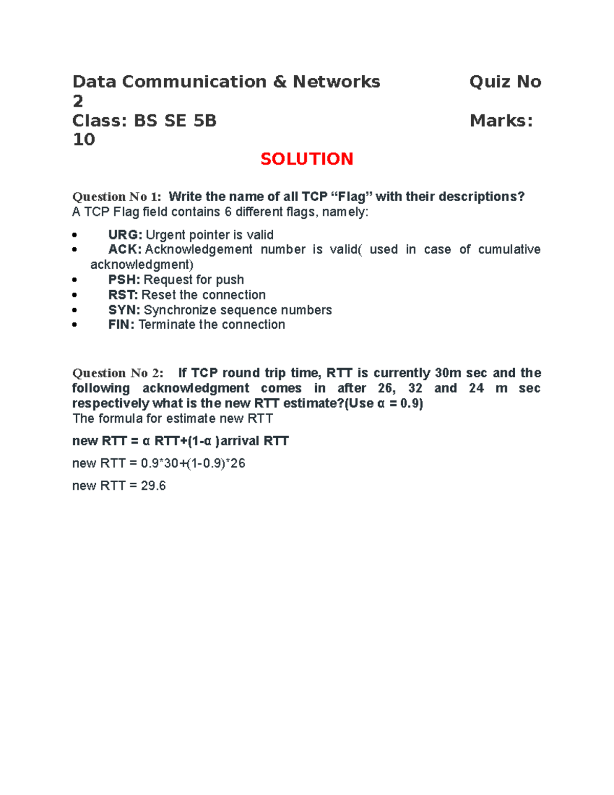 Quiz No 2 Solution 5B - Data Communication & Networks Quiz No 2 Class ...