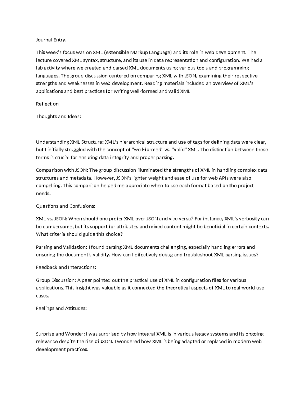 Journal Entry - Nice - Journal Entry. This week’s focus was on XML ...
