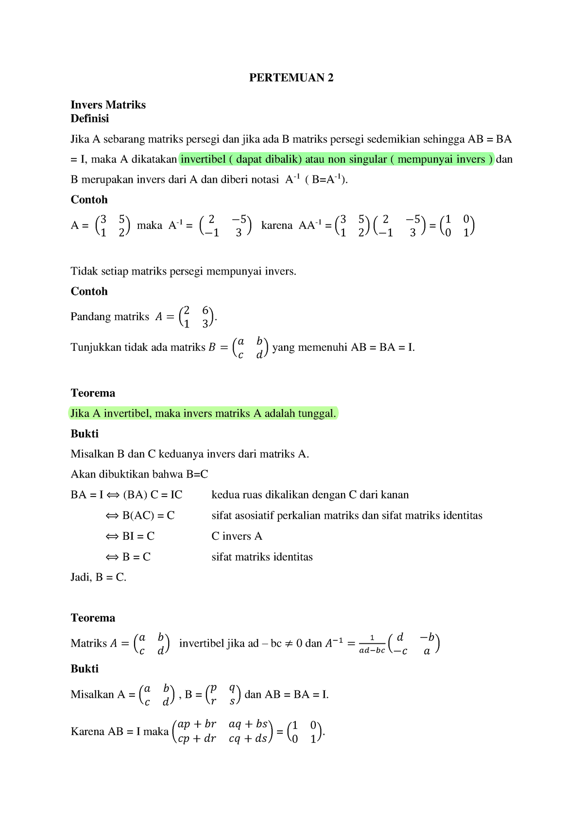 Pertemuan 2 Invers DAN Transpos Matriks - PERTEMUAN 2 Invers Matriks ...