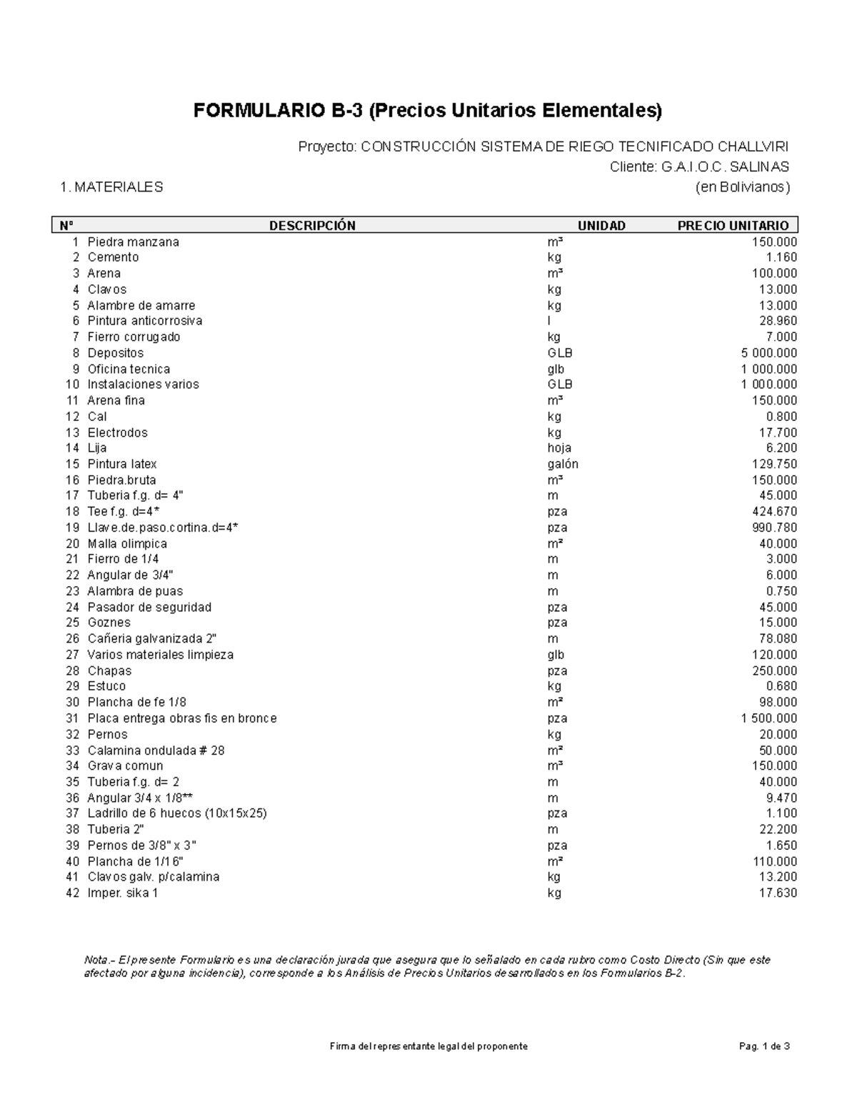 B3 - Formulario - FORMULARIO B-3 (Precios Unitarios Elementales ...