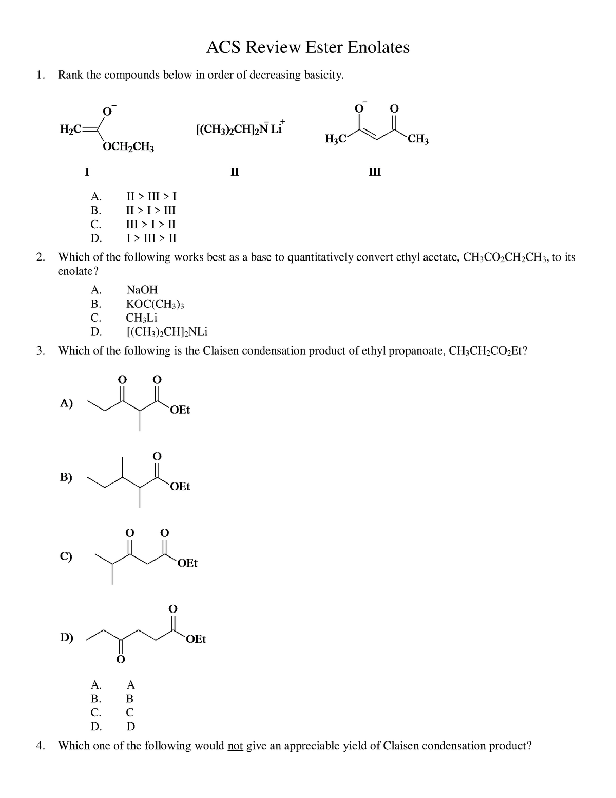 ACS Review 21 Ester Enolates - ACS Review Ester Enolates Rank the ...