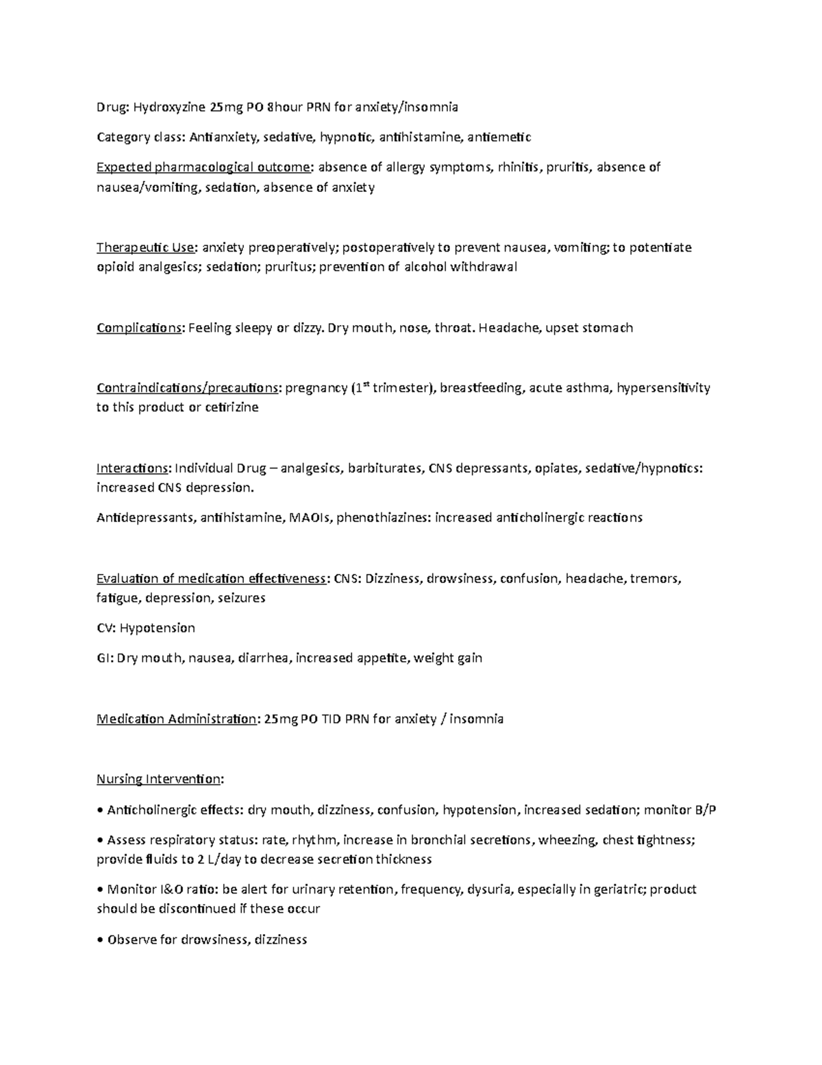 Mental Care Plan Drug Chart - Drug: Hydroxyzine 25mg PO 8hour PRN for ...