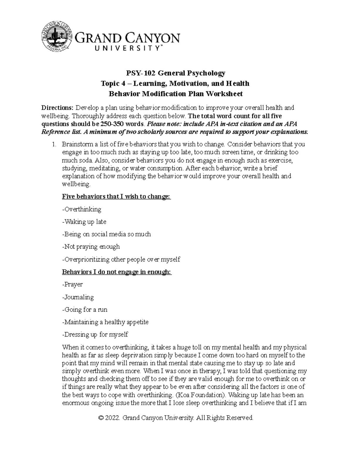 Behavior Modification Plan - PSY-102 General Psychology Topic 4 ...