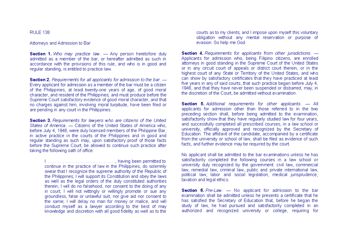 RULE 138 - Rule 138 - RULE 138 Attorneys and Admission to Bar Section 1 ...