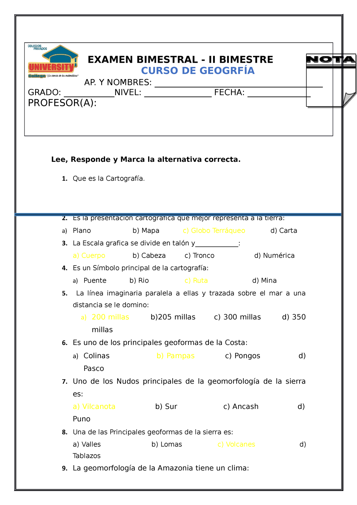 Examen DE Geografia 5TO. Primaria.ES - Ingenieria Civil - UPSJB - Studocu