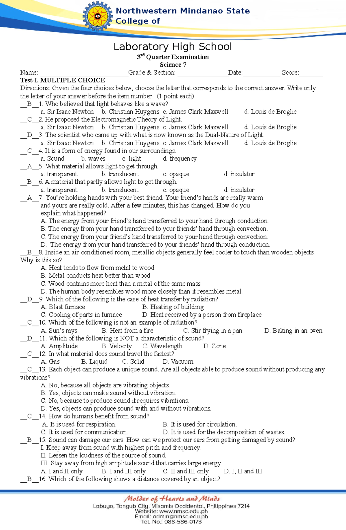 SCIENCE 7 EXAMINATION - Northwestern Mindanao State College Of Science ...