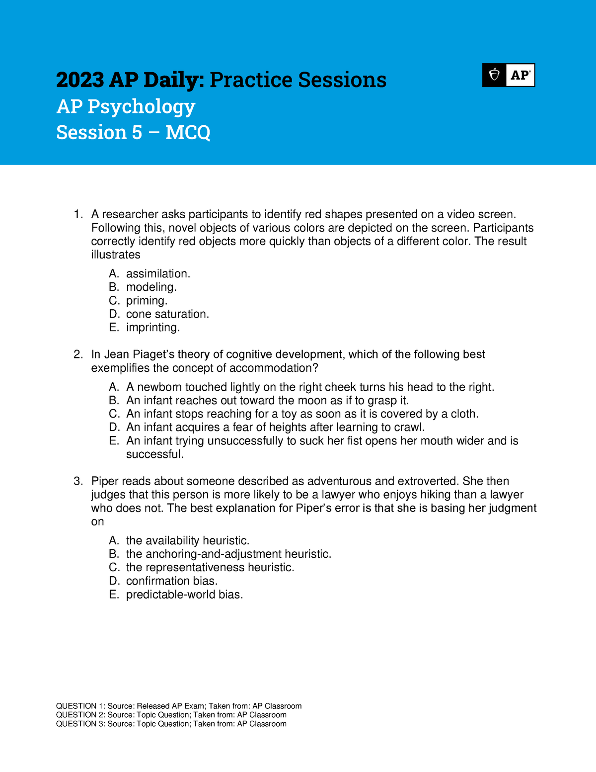 Session 5 Psychology 2023 AP Daily Practice Sessions QUESTION 1