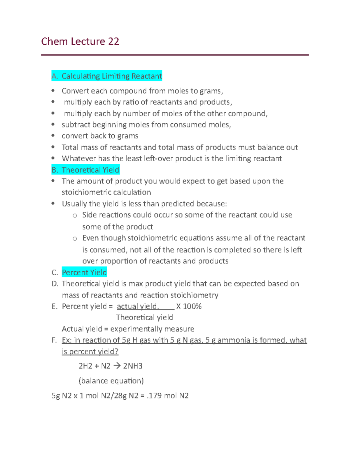 Lecture Notes Calculating Limiting Reactant Yield Hilty Chem Lecture 22 A Limiting Reactant 7026