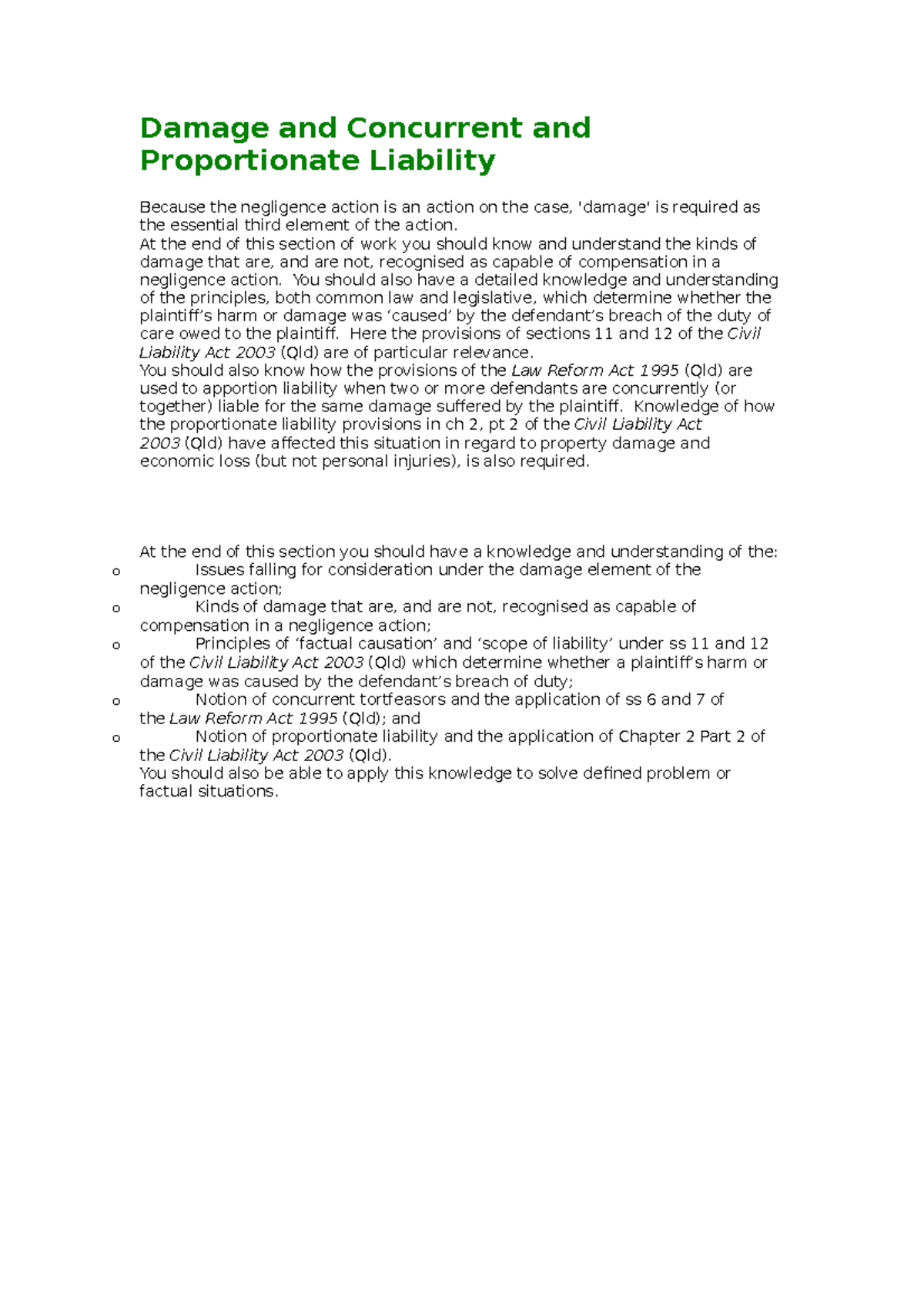 Damage And Concurrent And Proportionate Liability Damage And