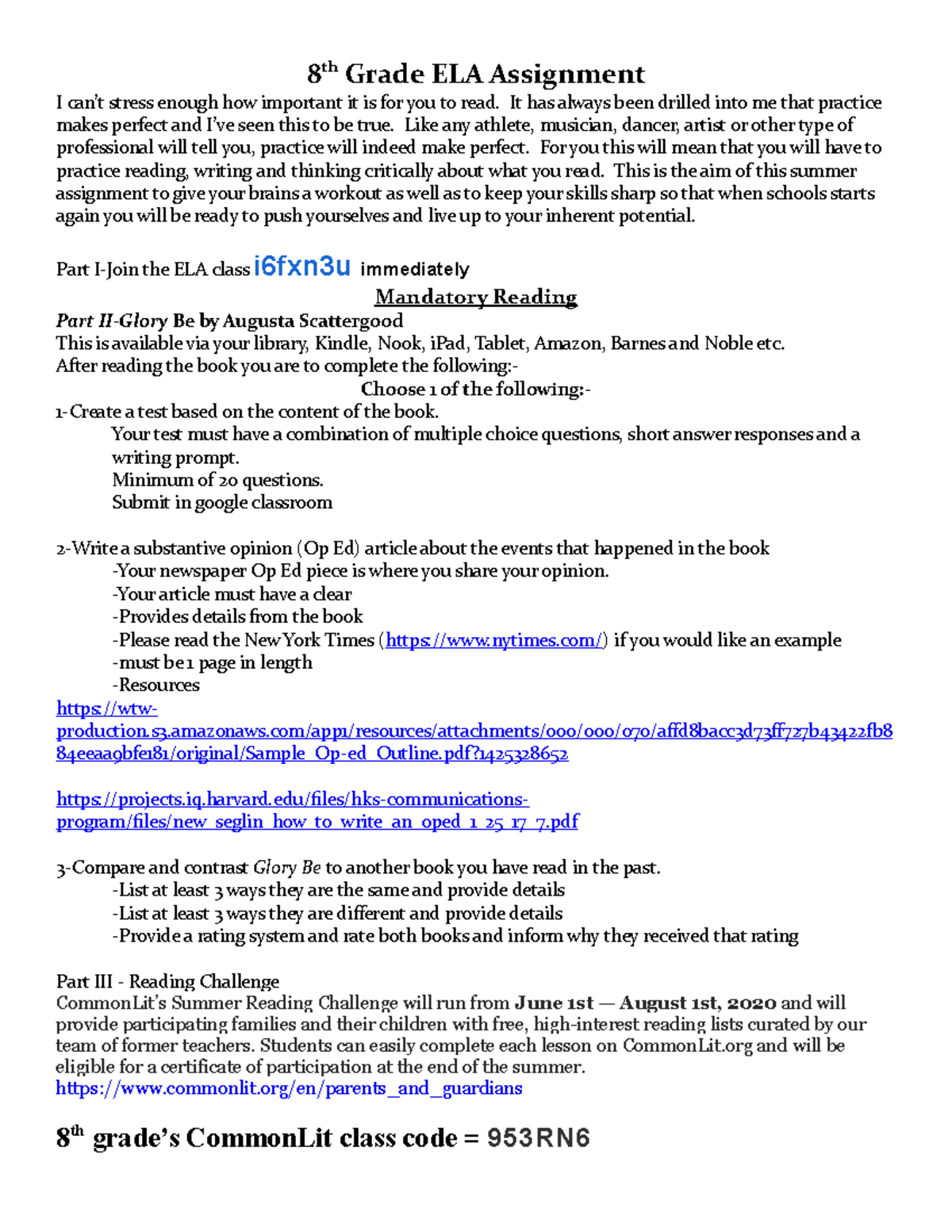 8th Grade ELA Assignment: Reading Writing and Art - Studocu