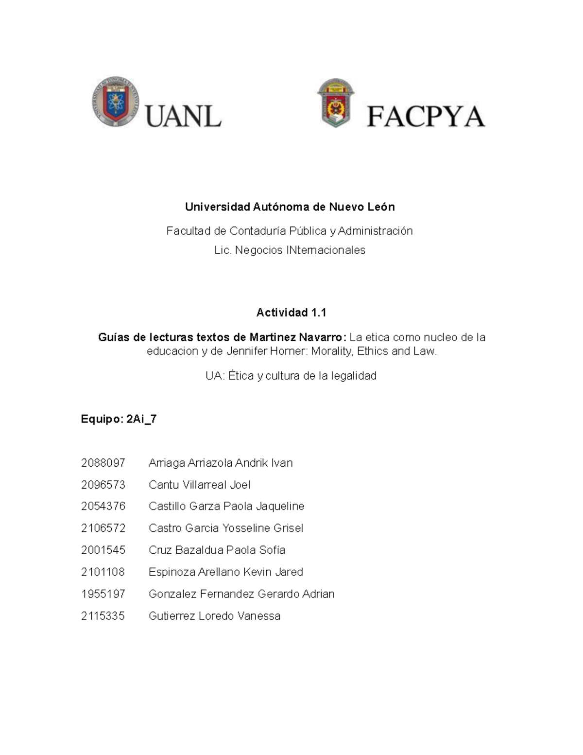 Actividad 1.1 Equipo 7 - Universidad Autónoma de Nuevo León Facultad de ...