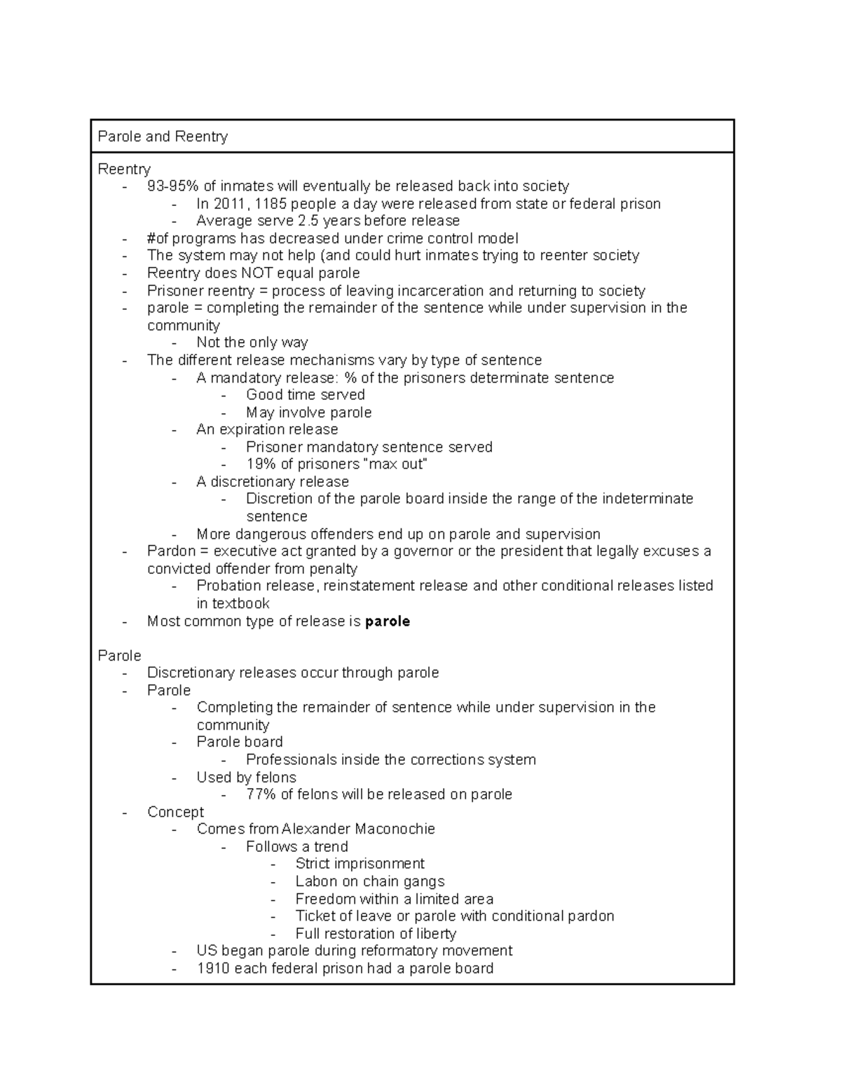 Week 12 Notes CCJS342 - Parole And Reentry Reentry - 93-95% Of Inmates ...