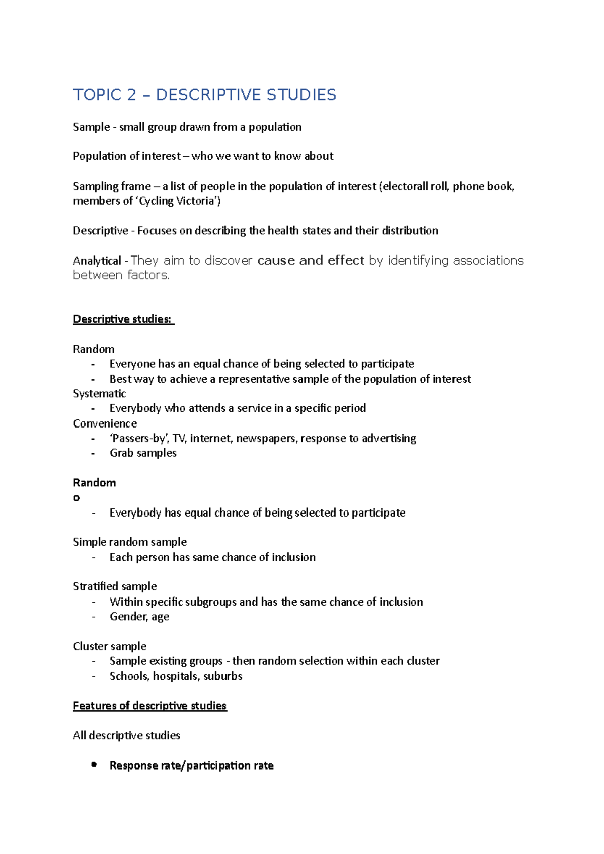 HSH205 Topic 2 - Summary of T2 - TOPIC 2 – DESCRIPTIVE STUDIES Sample ...