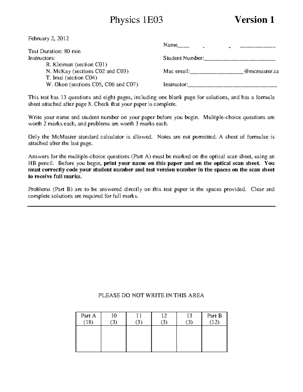 Test 1 2012 - Practice Test - Physics 1E03 Version 1 February 2, 2012 ...